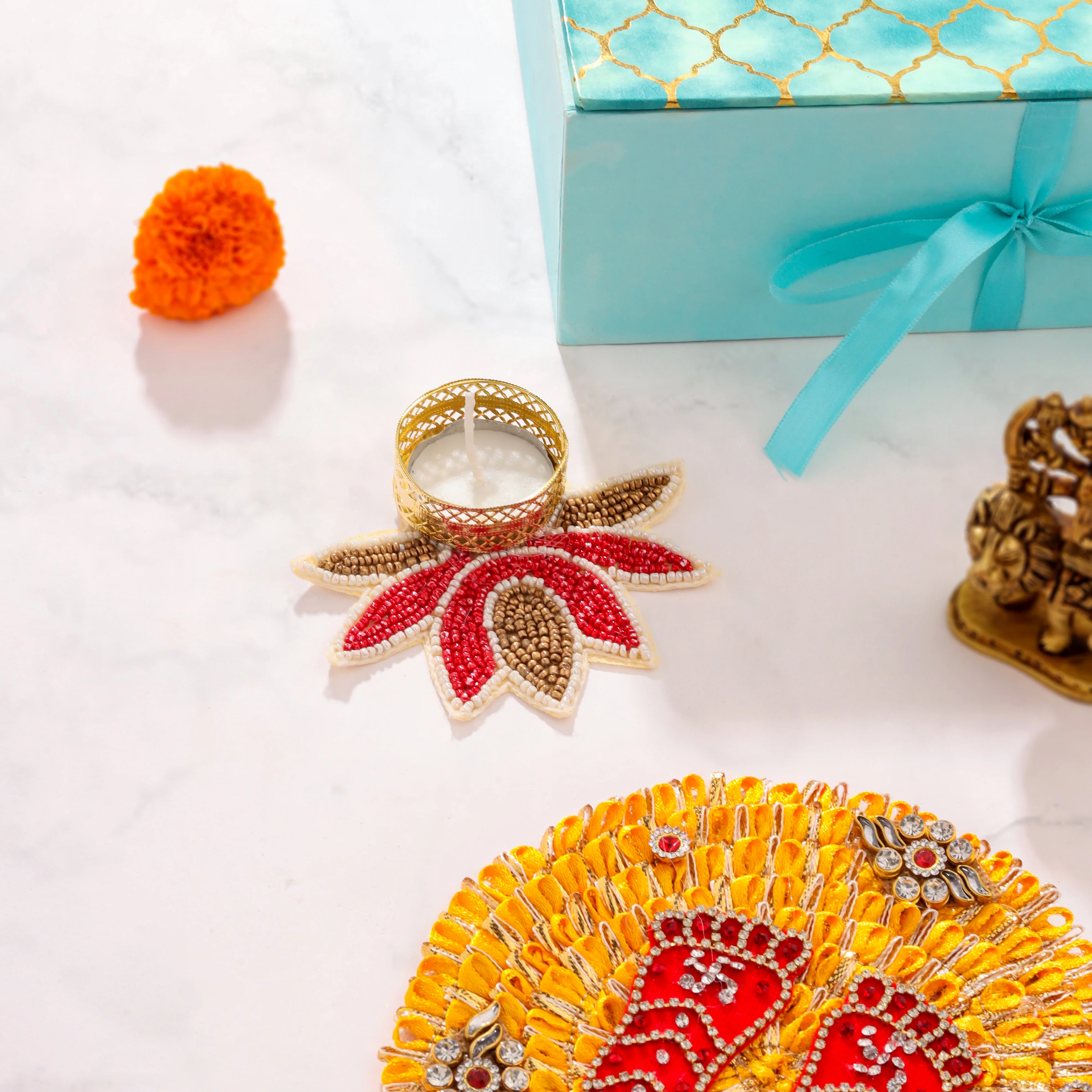 Brass Durga Idol, Charan Paduka Navaratri Pooja Gift Hamper - Image 6