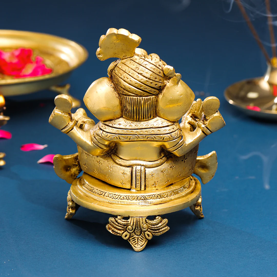 Brass Pagdi Sitting Ganesha On Chowki (7.8 Inch) - Image 3