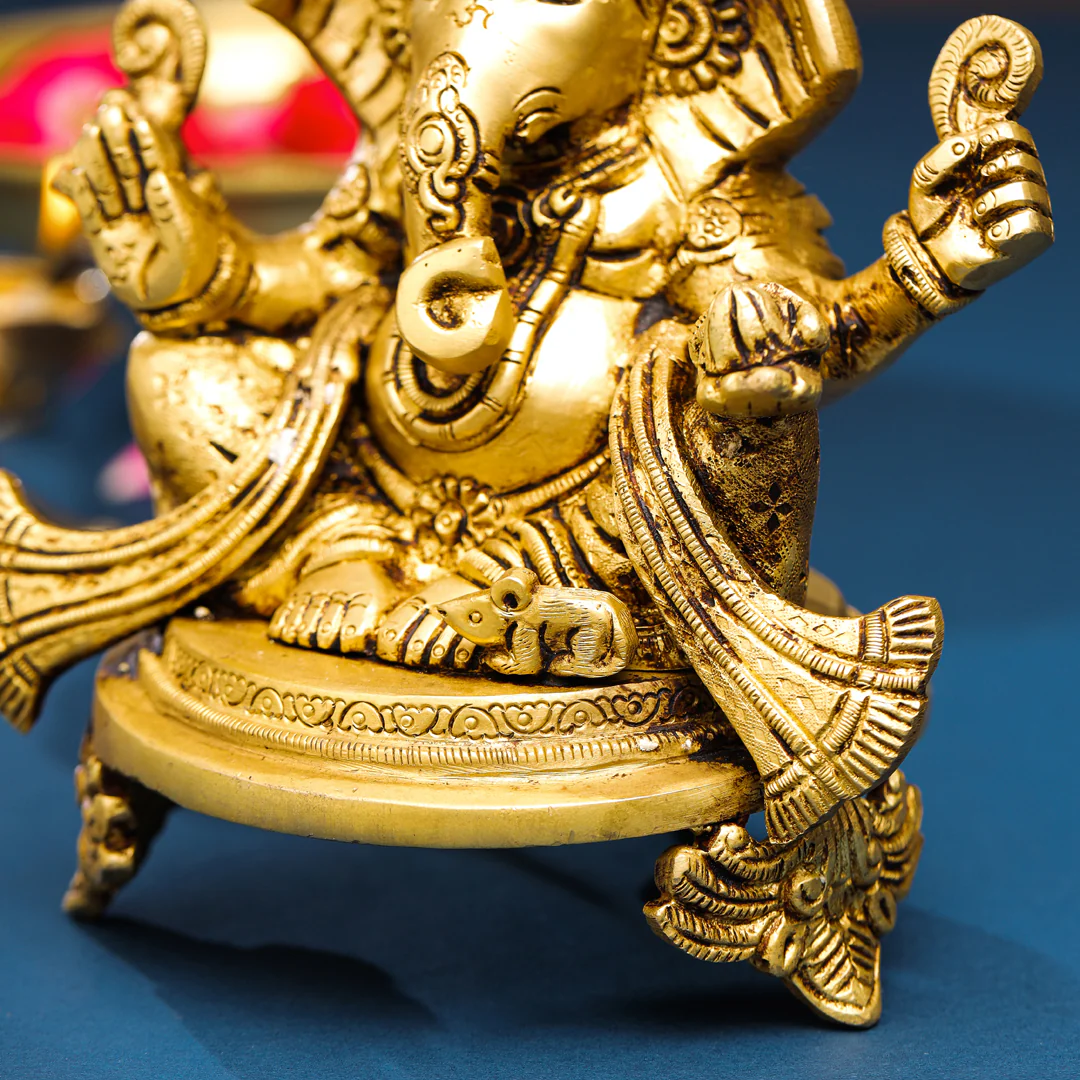 Brass Pagdi Sitting Ganesha On Chowki (7.8 Inch) - Image 5
