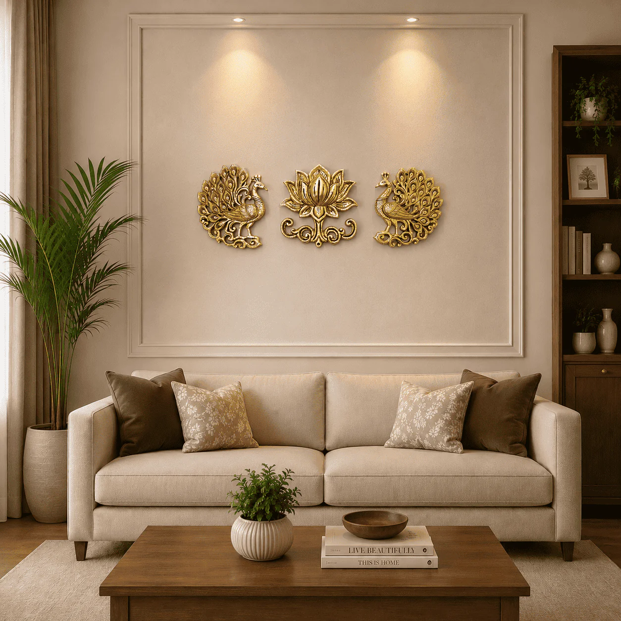 Brass Peacock And Lotus Wall Hanging 3 Piece Set (7.5 inch)