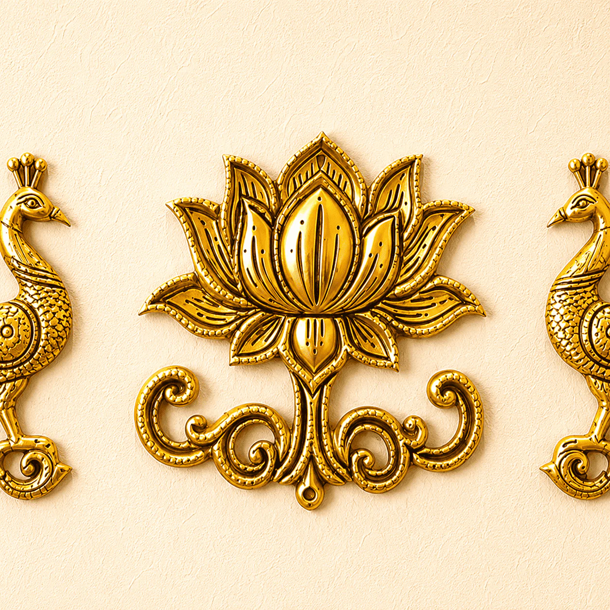 Brass Peacock And Lotus Wall Hanging 3 Piece Set (7.5 inch) - Image 4