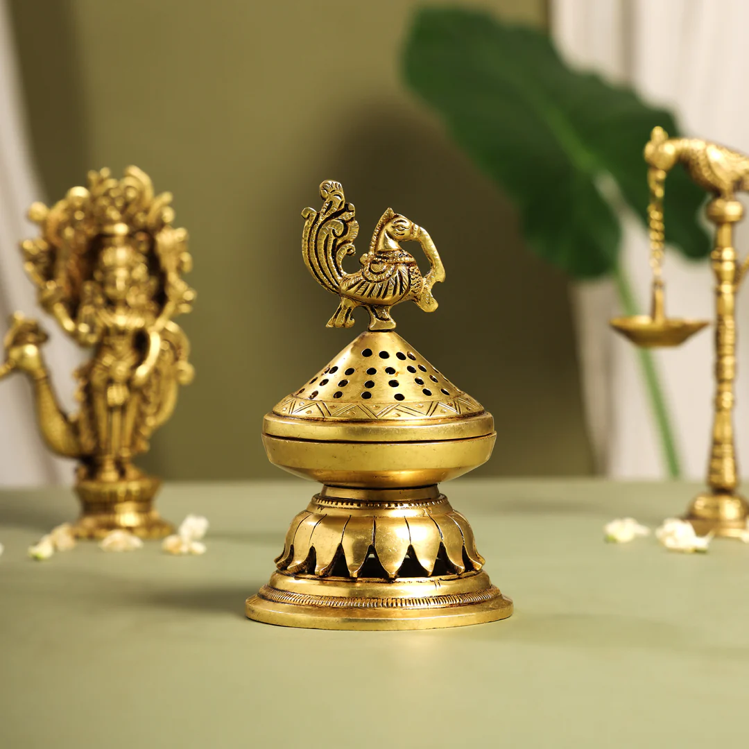 Brass Peacock Dhoop Dani & Incense Holder (6.5 Inch) - Image 3