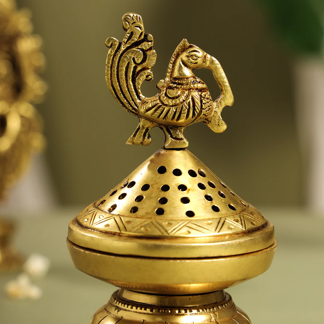 Brass Peacock Dhoop Dani & Incense Holder (6.5 Inch) - Image 4