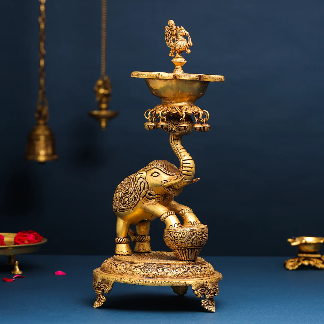 Brass Peacock Diya On Dancing Elephant (18 Inch) - Image 2