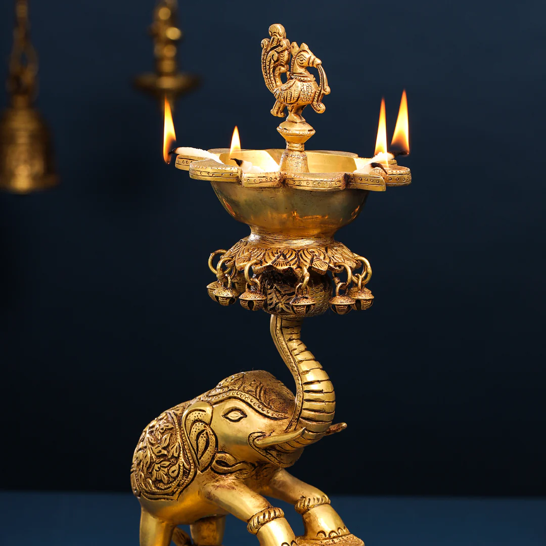 Brass Peacock Diya On Dancing Elephant (18 Inch) - Image 4