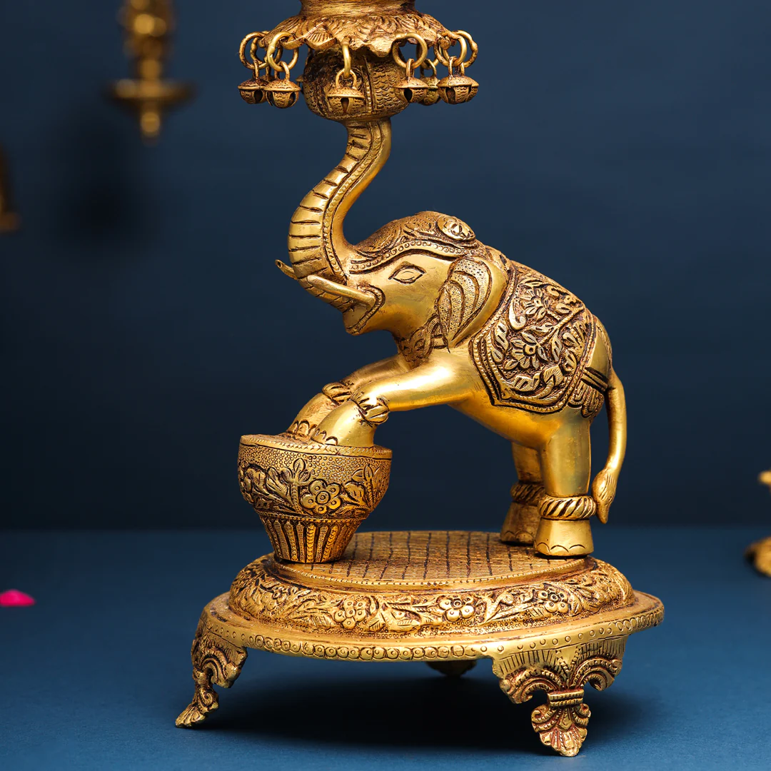 Brass Peacock Diya On Dancing Elephant (18 Inch) - Image 5