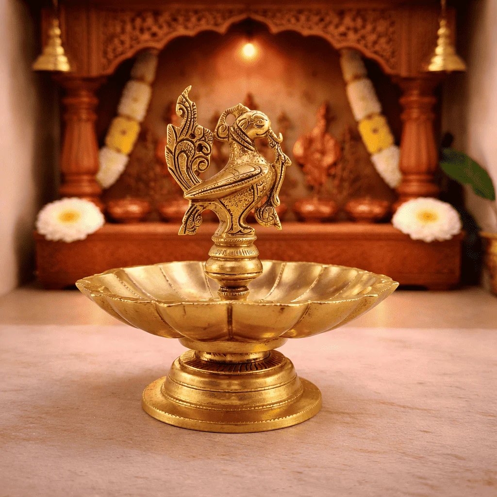 Brass Peacock Eight Petal Diya/Lamp (5.5 Inch) - Image 4