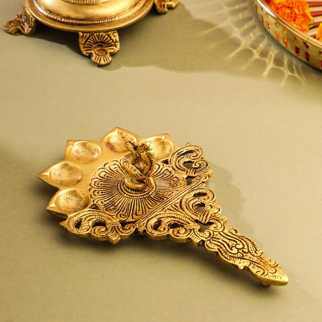 Brass Peacock Five Petal Pooja Spoon (8 Inch) - Image 4