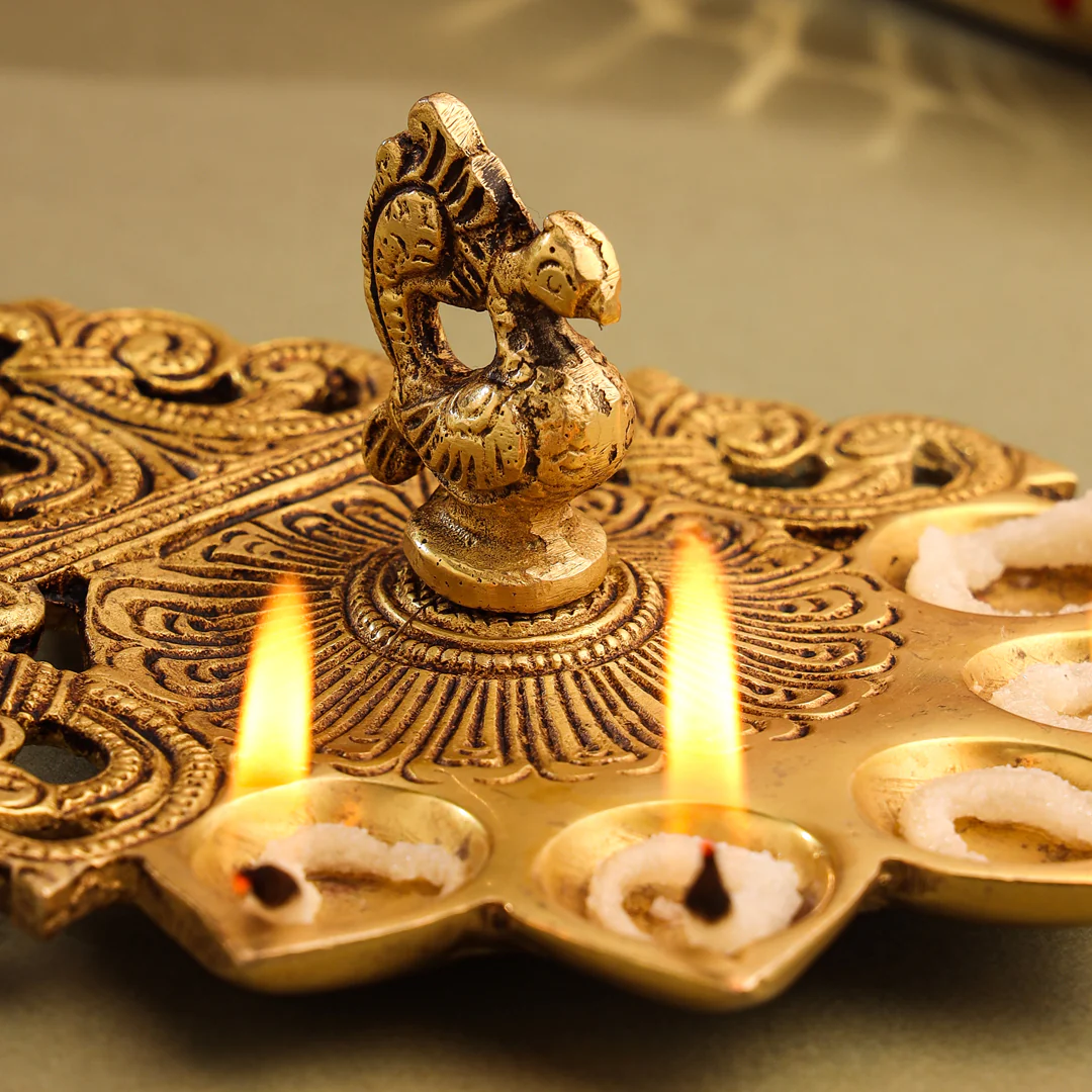 Brass Peacock Five Petal Pooja Spoon (8 Inch) - Image 5