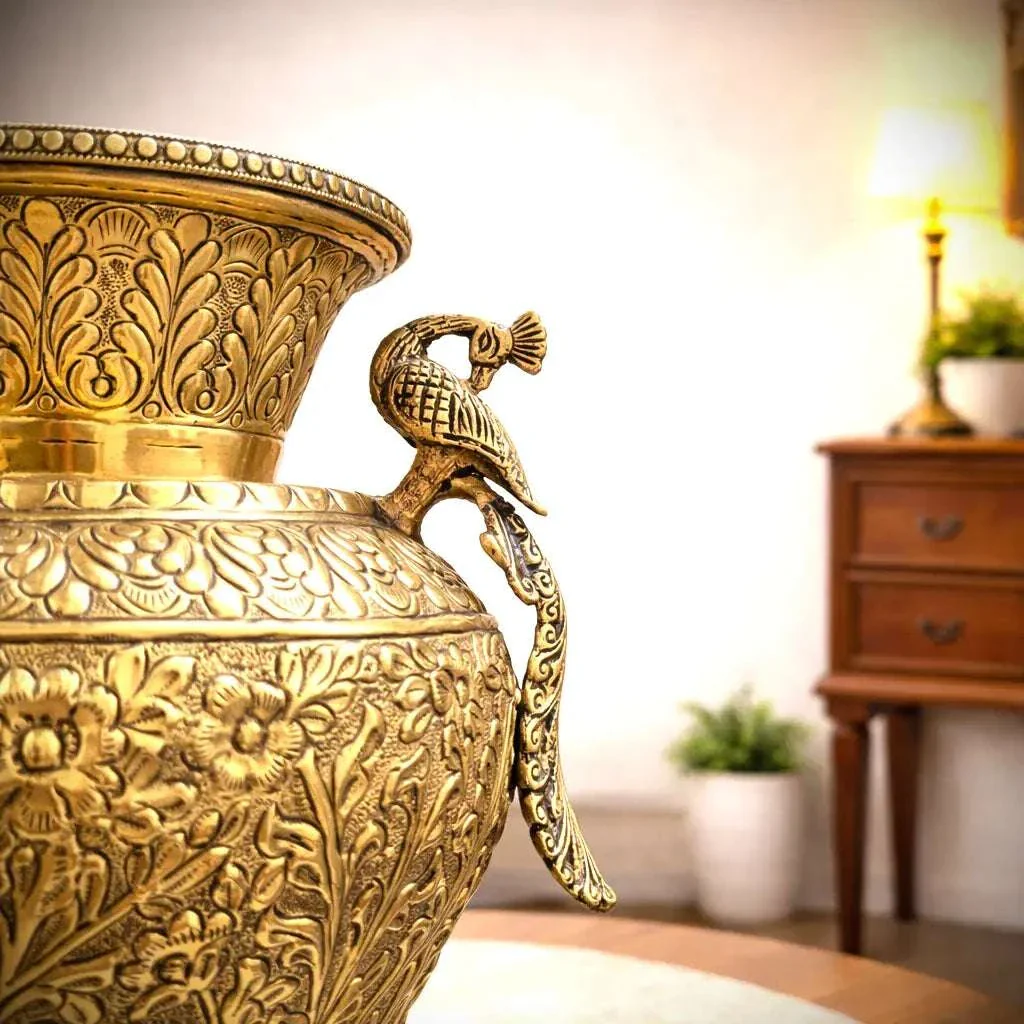 Brass Peacock Flower Vase / Planter Pot (11 Inch) - Image 2