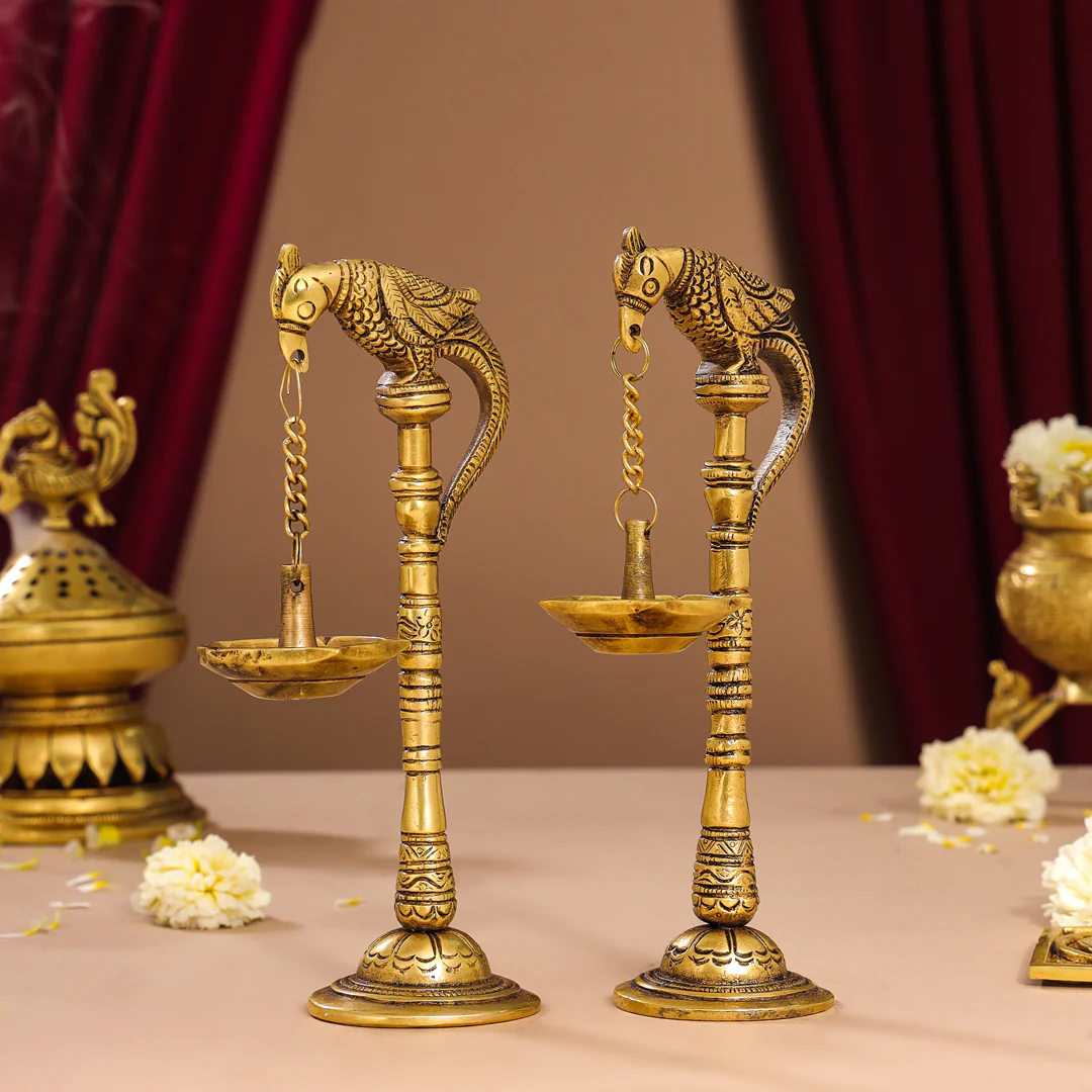 Brass Peacock Hanging Diya/Lamp Pair (7.5 Inch) - Image 2