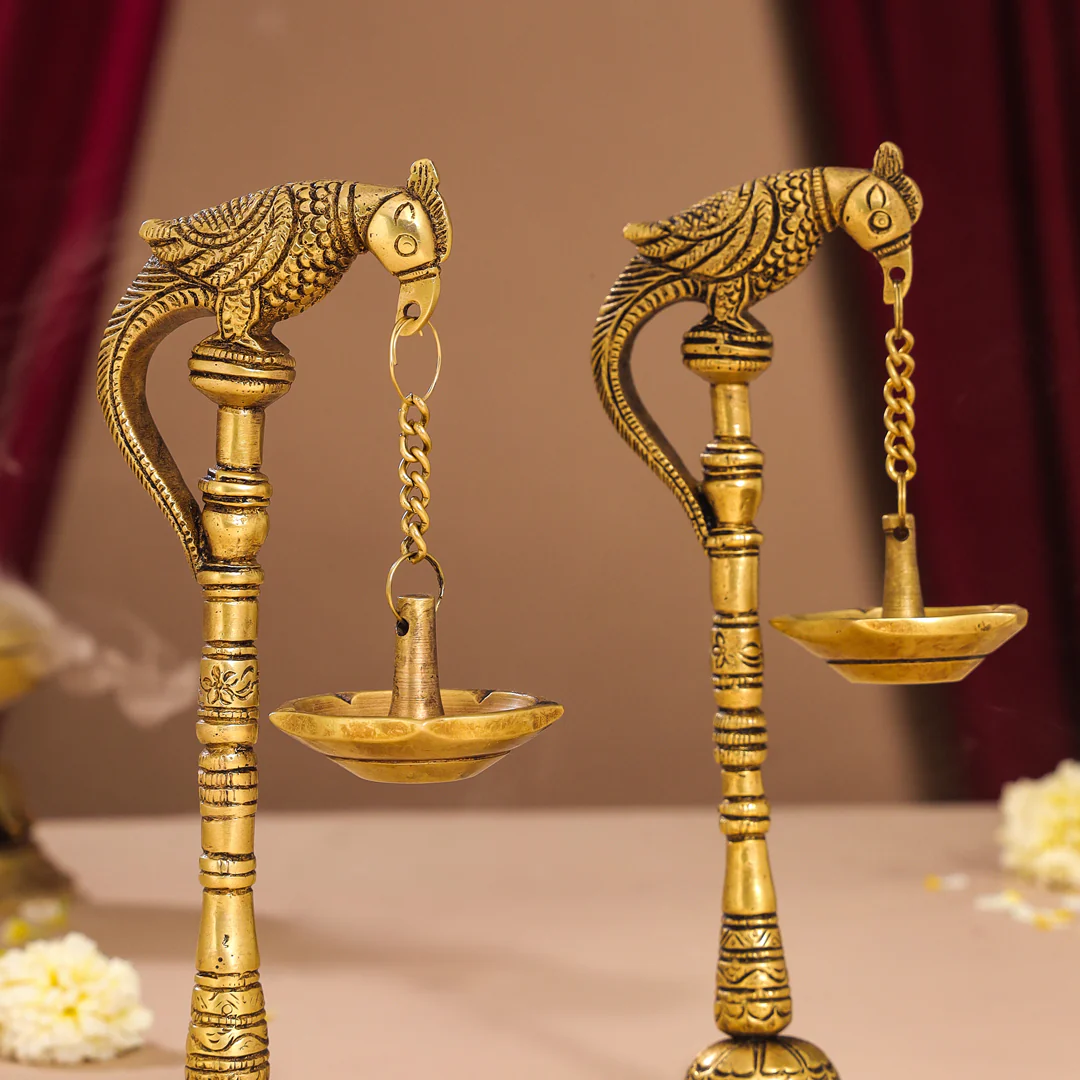 Brass Peacock Hanging Diya/Lamp Pair (7.5 Inch) - Image 3