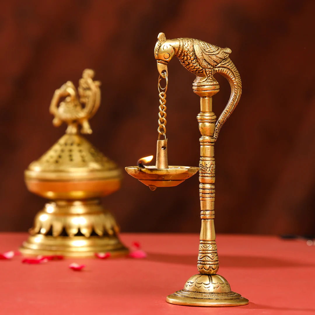 Brass Peacock Hanging Diya/Lamp Pair (7.5 Inch) - Image 4