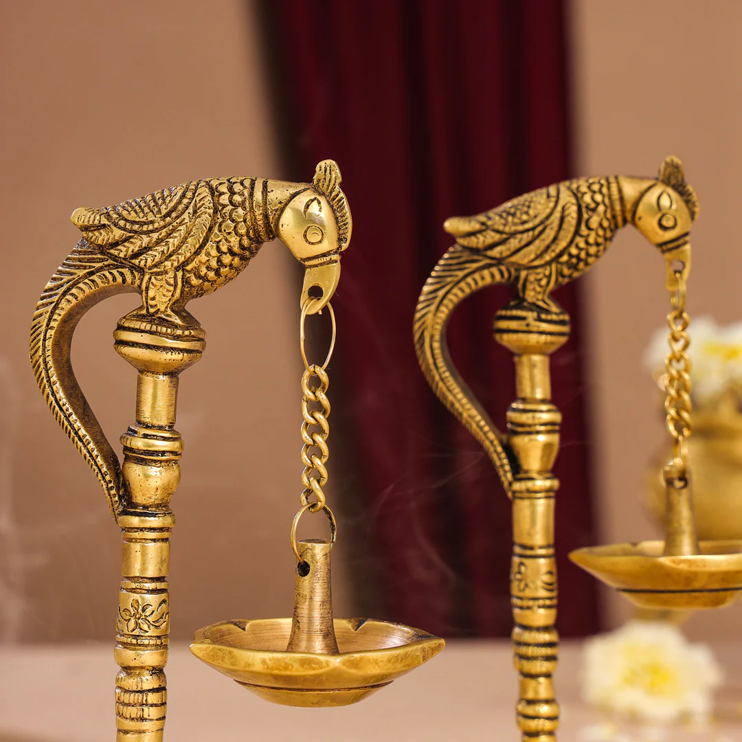 Brass Peacock Hanging Diya/Lamp Pair (7.5 Inch) - Image 6