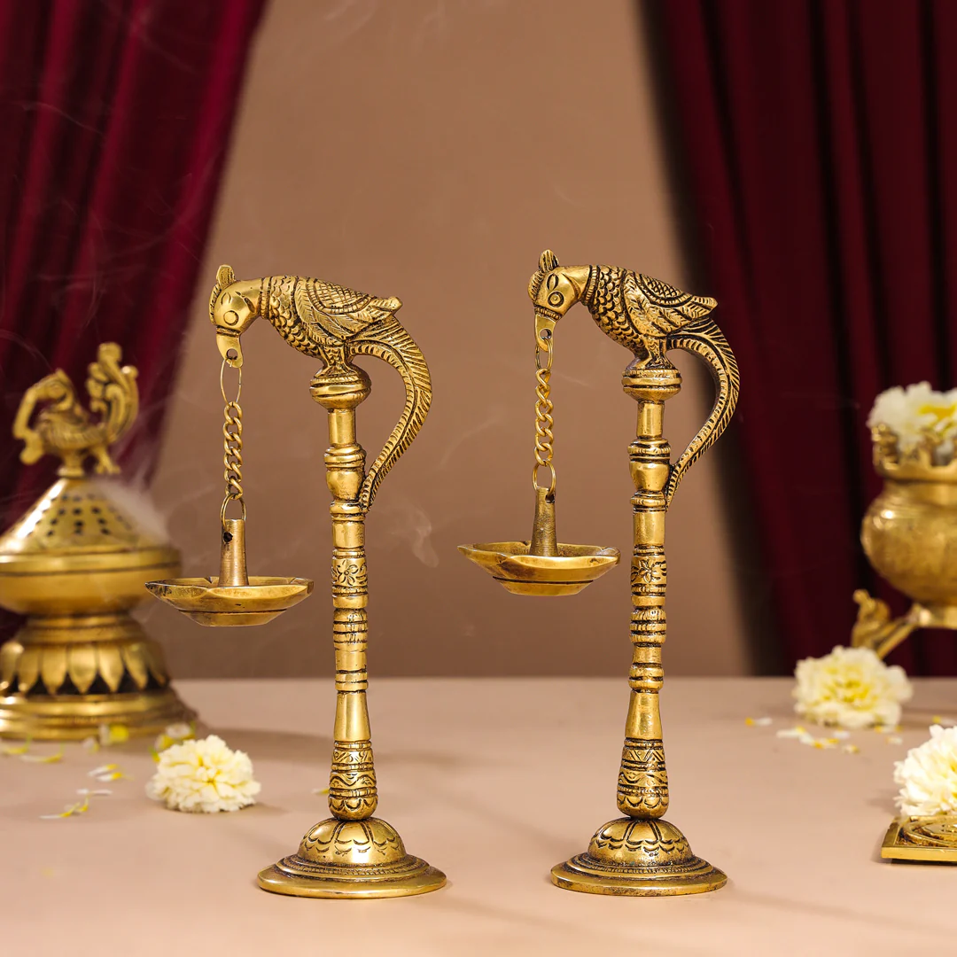 Brass Peacock Hanging Diya/Lamp Pair (7.5 Inch) - Image 7