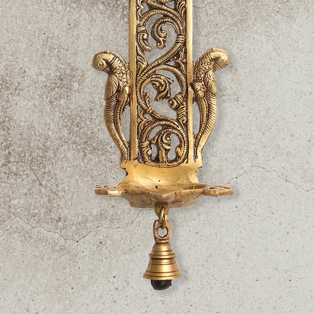 Brass Peacock Hanging Diya With Bell (13 Inch) - Image 3
