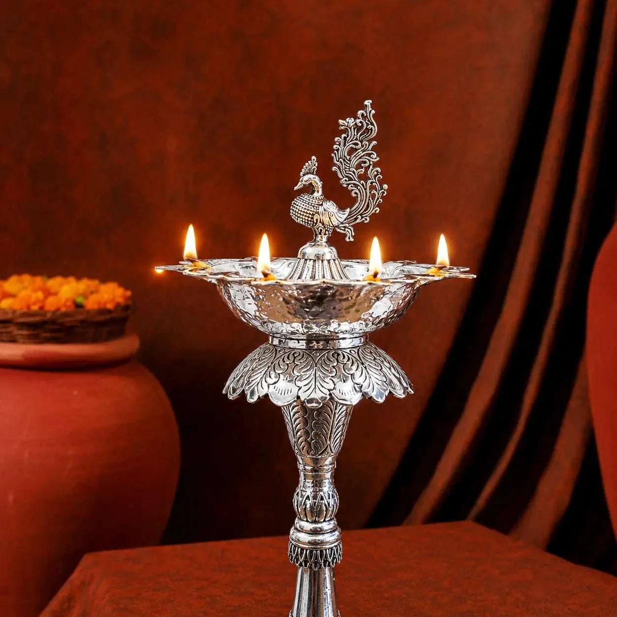 Brass Silver Plated Peacock Long Lamp - Image 10