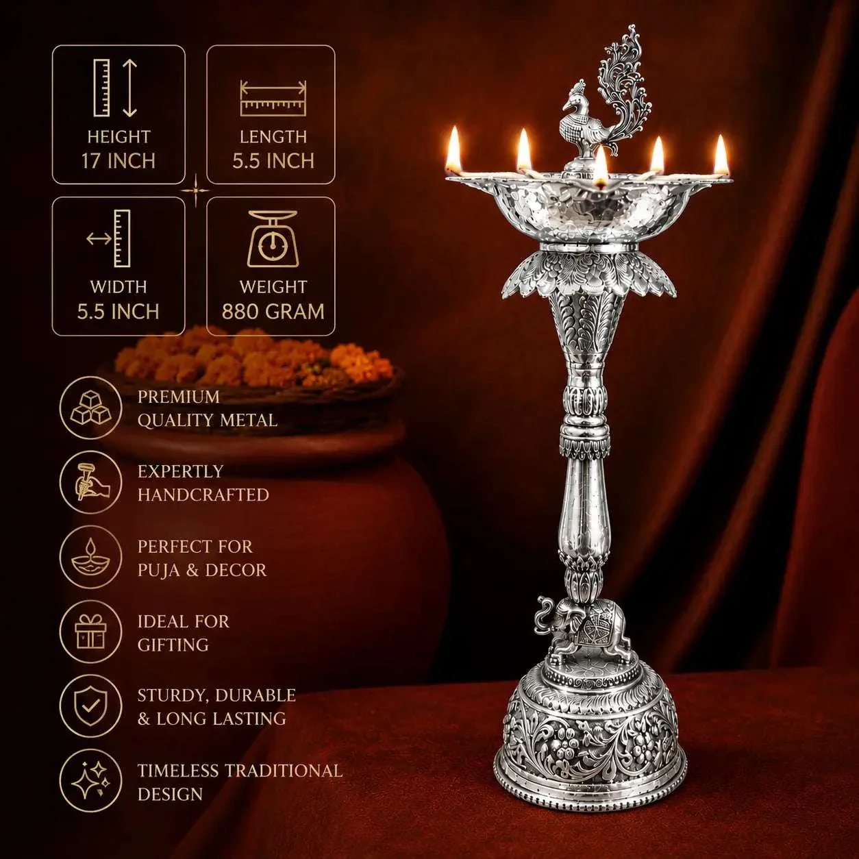 Brass Silver Plated Peacock Long Lamp - Image 13