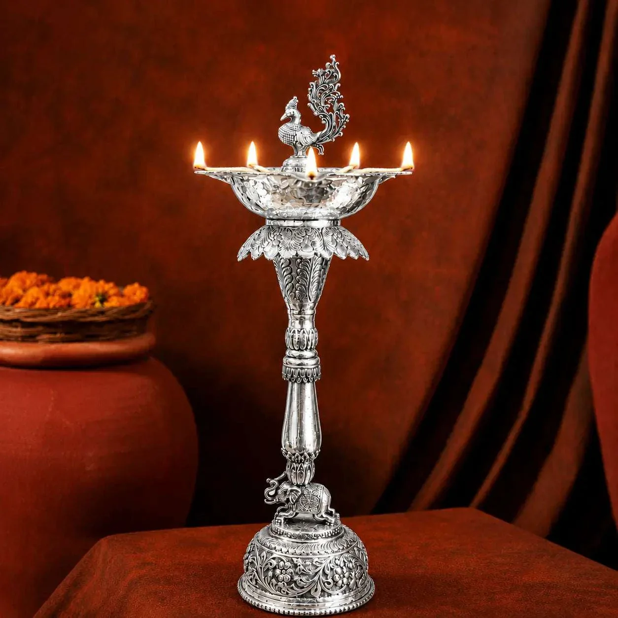 Brass Silver Plated Peacock Long Lamp - Image 9