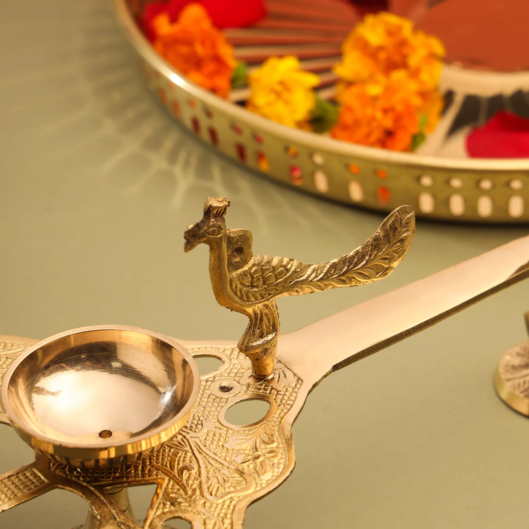 Brass Peacock Panch Aarti With Handle (11.5 Inch) - Image 5