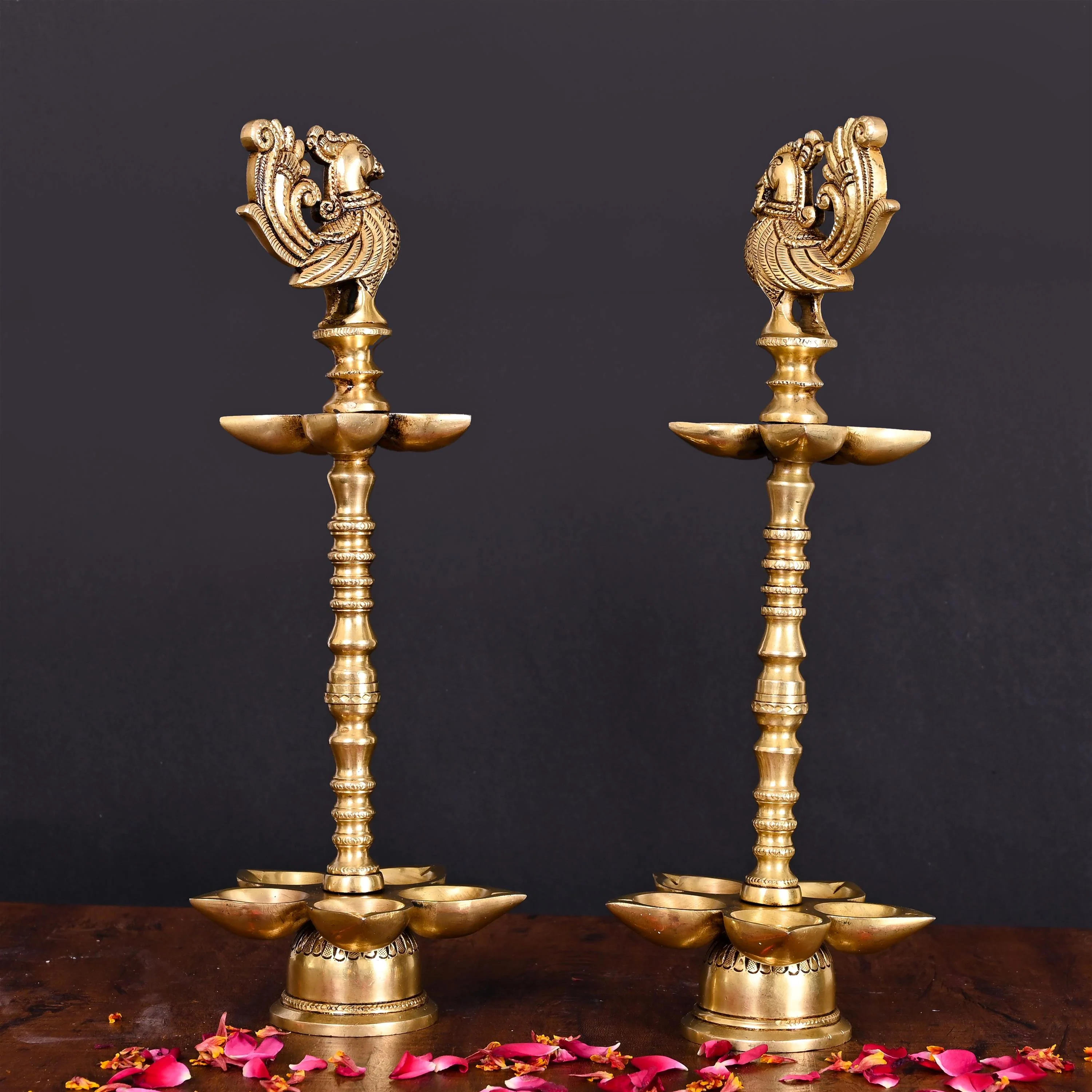 Brass Peacock Ten Petal Diya/Lamp Pair (13 Inch) - Image 3