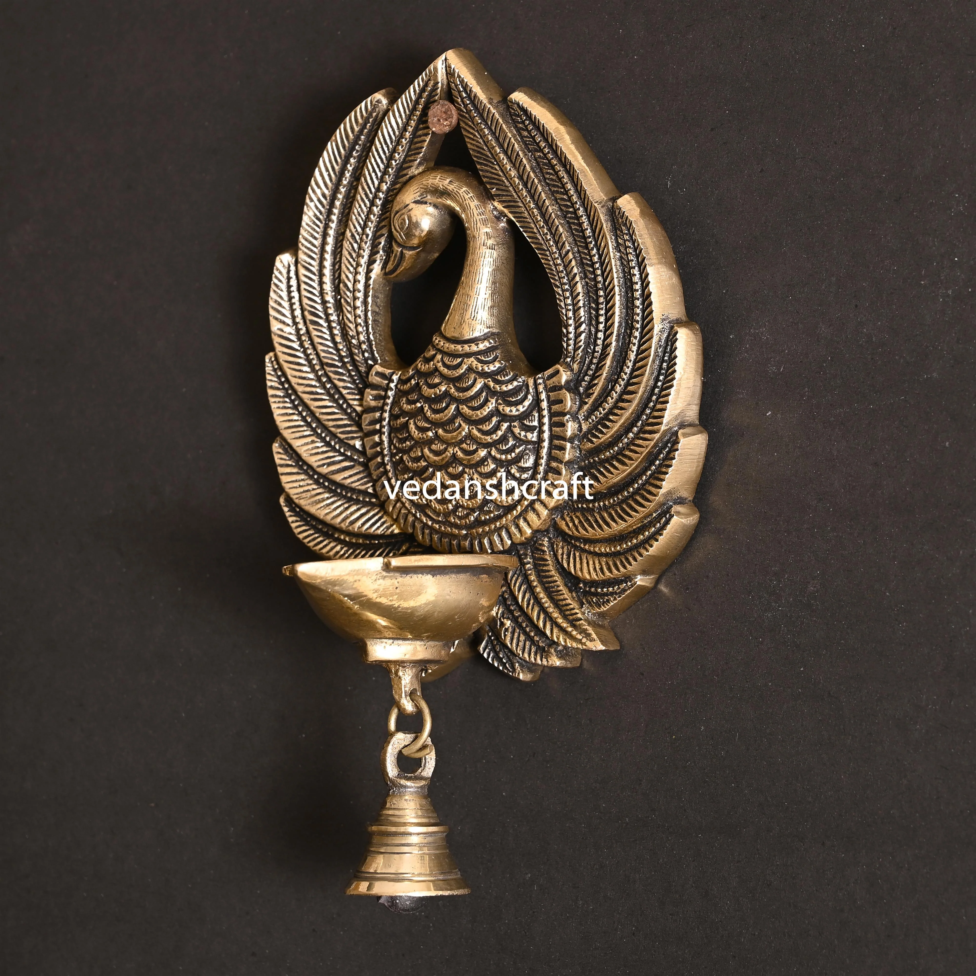 Brass Peacock Wall Hanging Diya With Bell (8 Inch) - Image 2