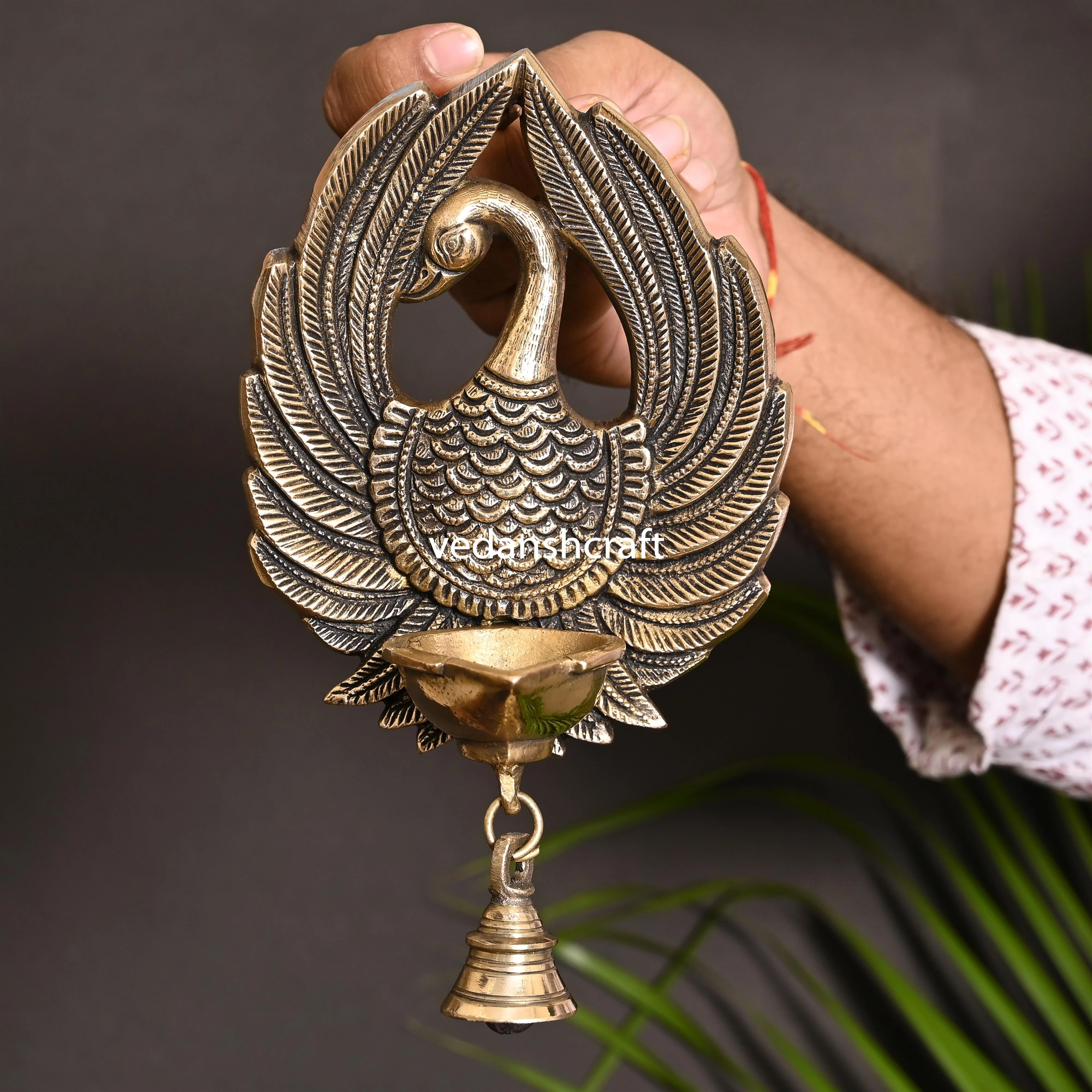 Brass Peacock Wall Hanging Diya With Bell (8 Inch) - Image 3