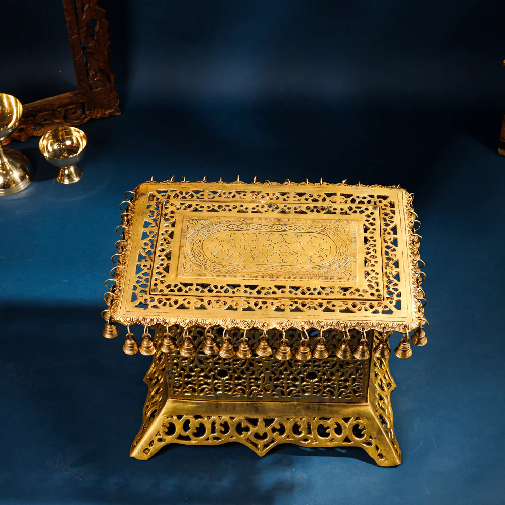 Brass Pooja Stool with Hanging Bells – Traditional & Ornate Design (15 Inch) - Image 2