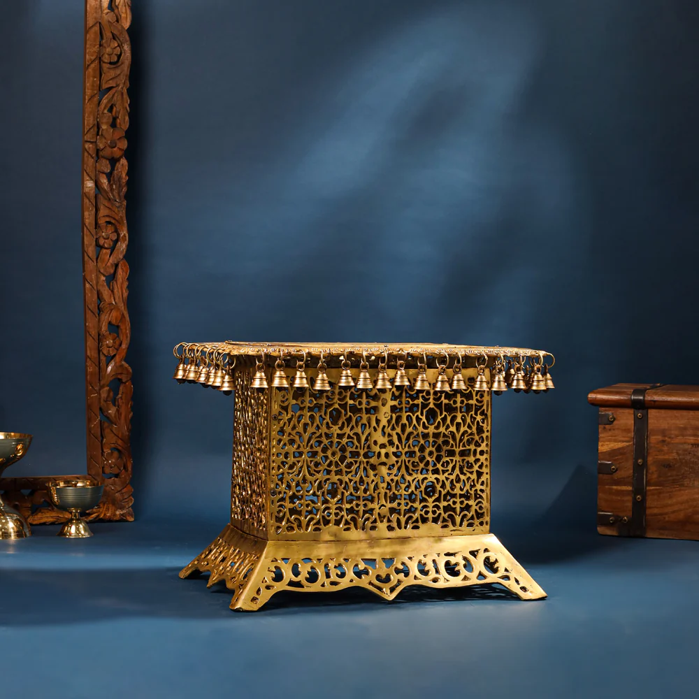 Brass Pooja Stool with Hanging Bells – Traditional & Ornate Design (15 Inch) - Image 3
