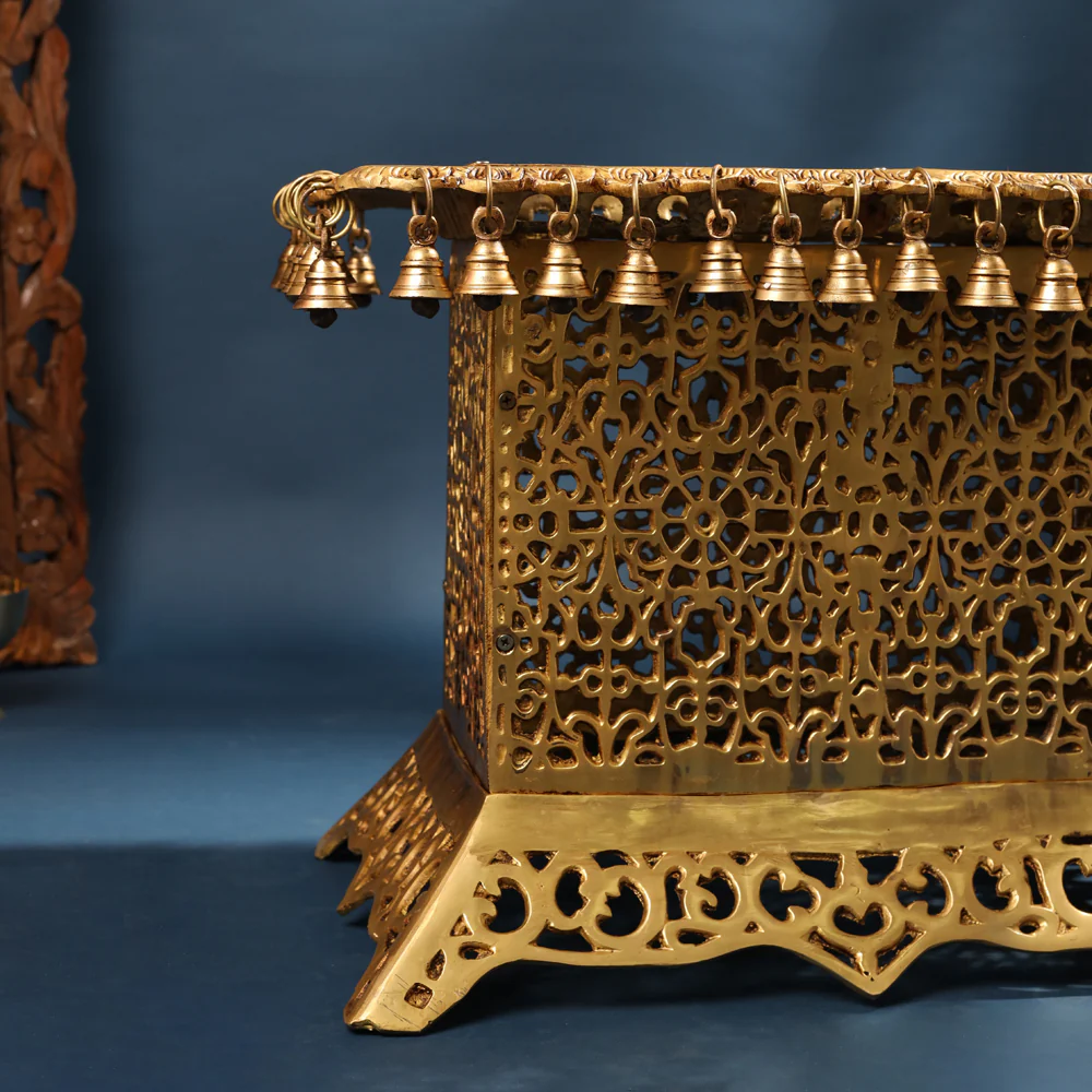 Brass Pooja Stool with Hanging Bells – Traditional & Ornate Design (15 Inch) - Image 4