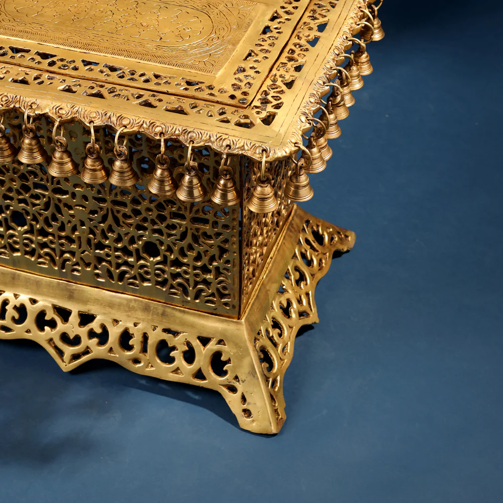 Brass Pooja Stool with Hanging Bells – Traditional & Ornate Design (15 Inch) - Image 5