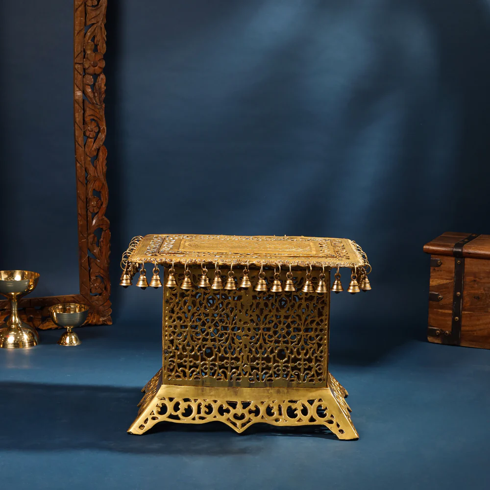 Brass Pooja Stool with Hanging Bells – Traditional & Ornate Design (15 Inch) - Image 6