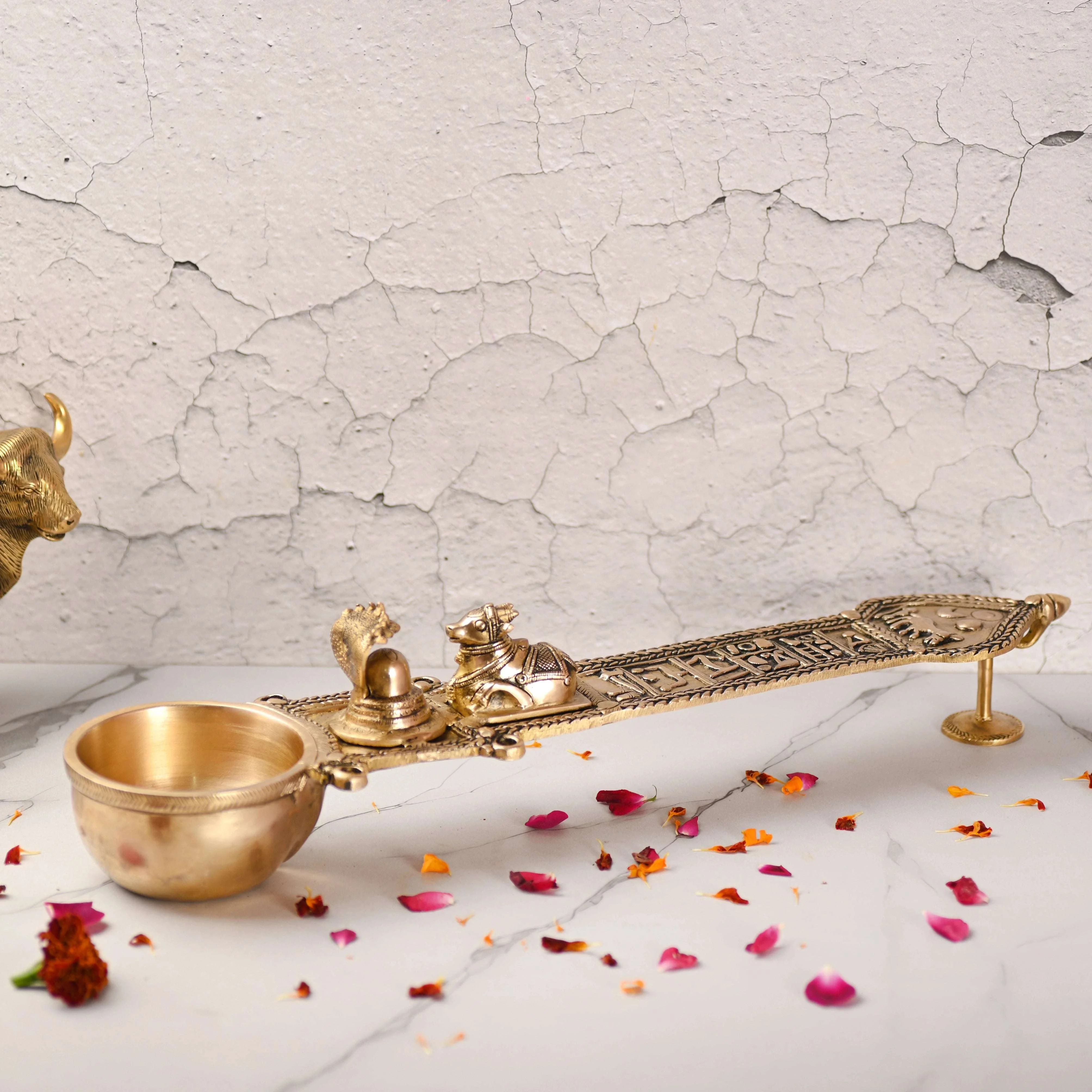 Brass Uddharani Ritual Spoon with Nandi and Shivling (23.5 Inch)