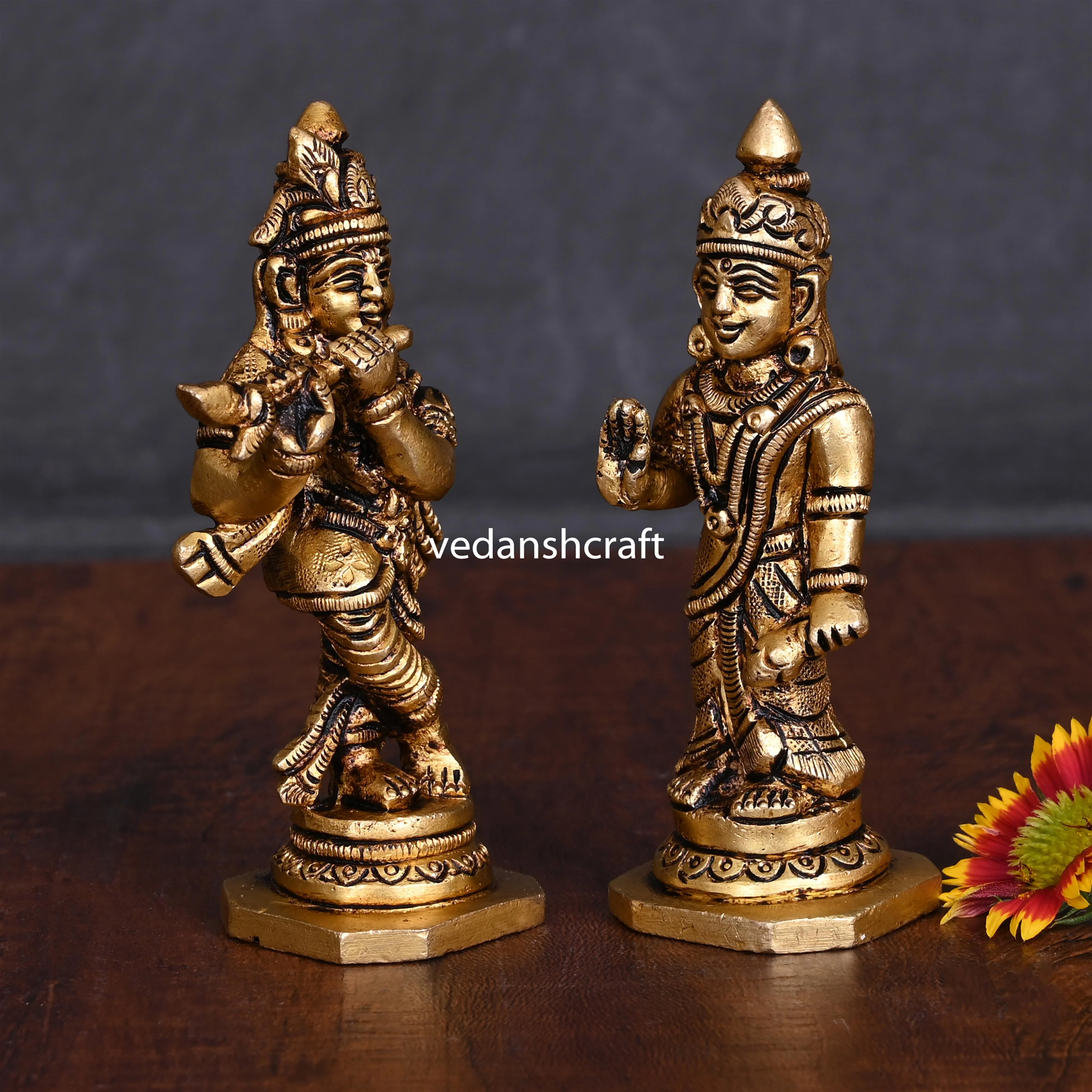 Brass Standing Radha Krishna Idols Set (4 Inch) - Image 2