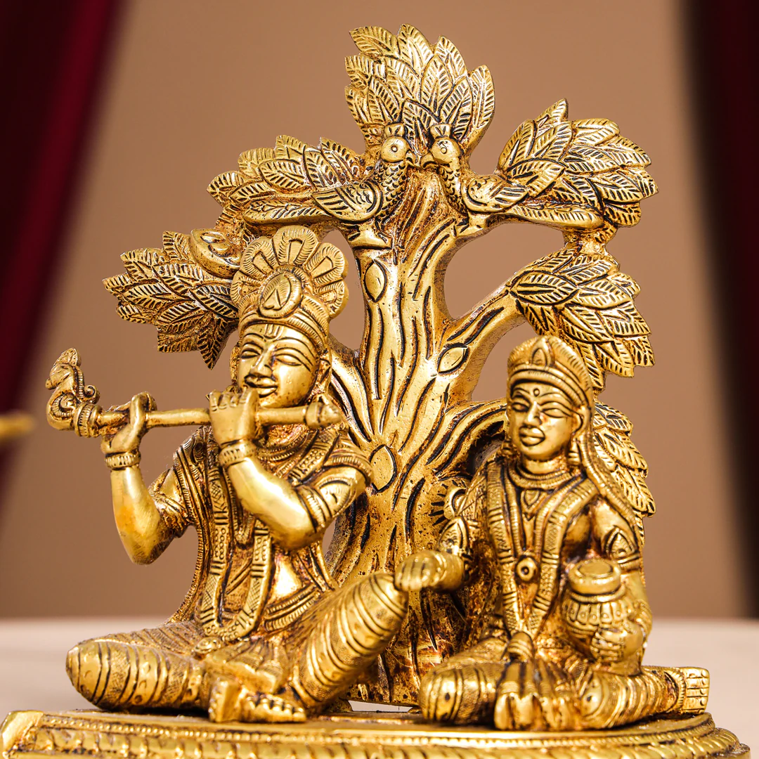 Brass Sitting Radha Krishna Idols Under Tree (7 Inch) - Image 4