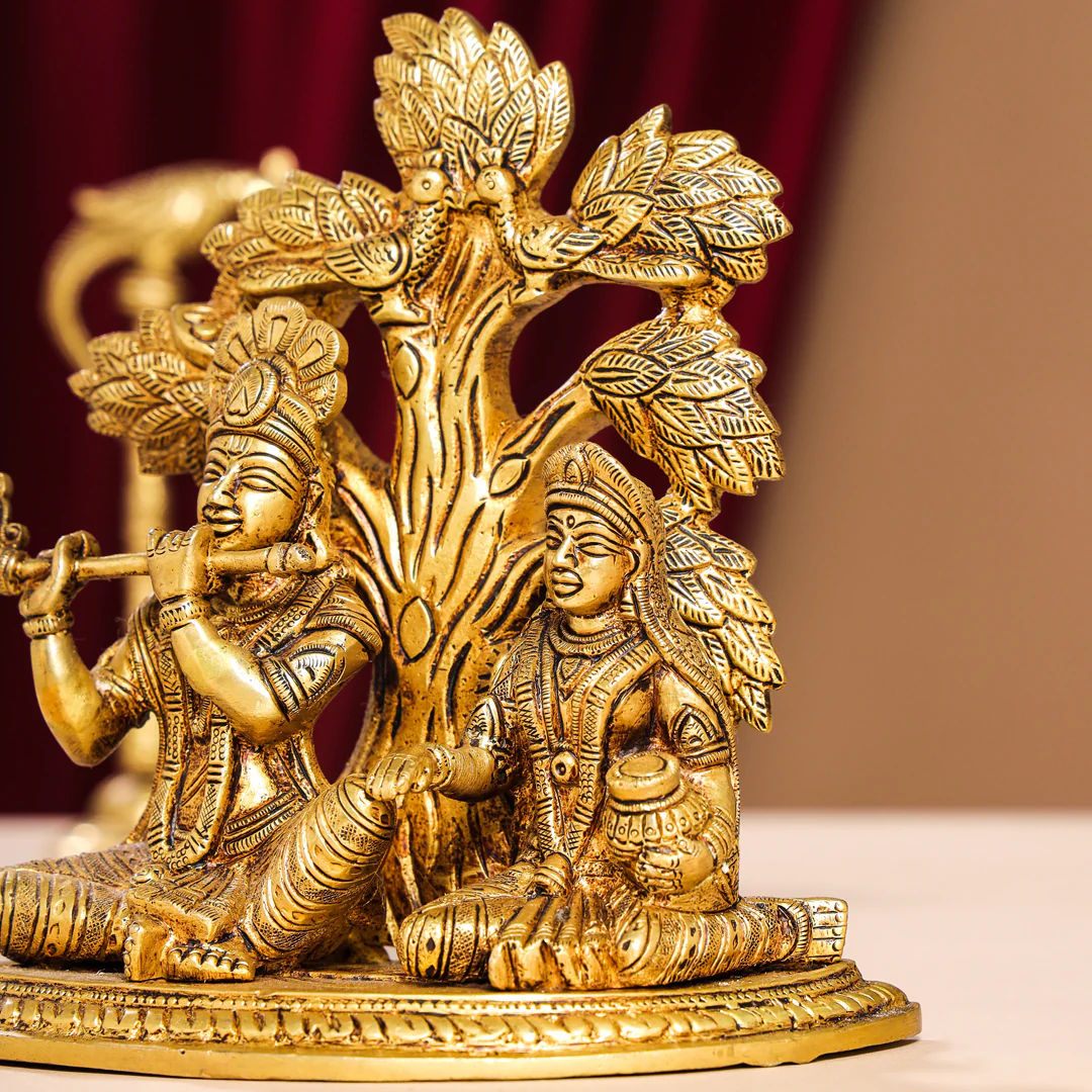 Brass Sitting Radha Krishna Idols Under Tree (7 Inch) - Image 6