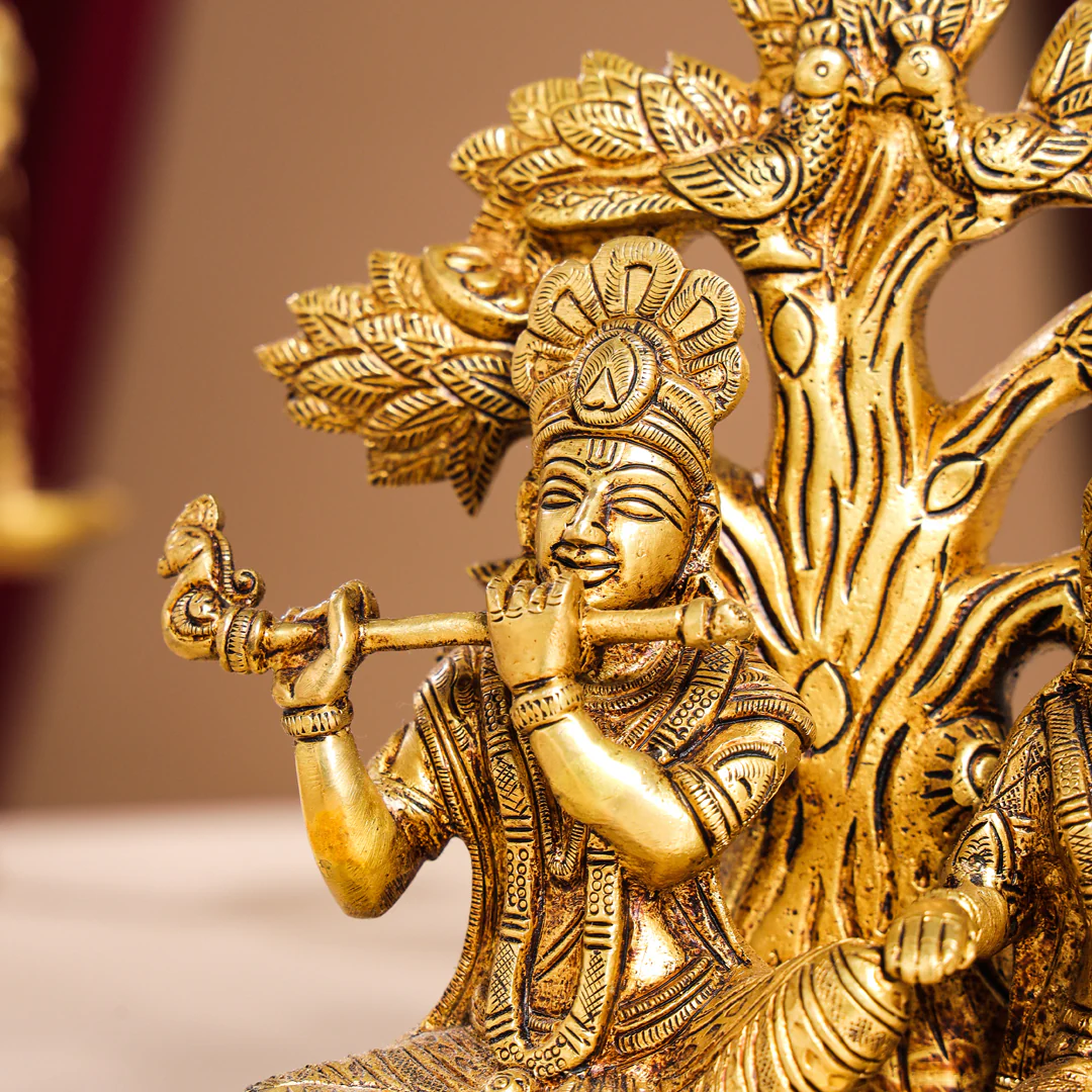 Brass Sitting Radha Krishna Idols Under Tree (7 Inch) - Image 7