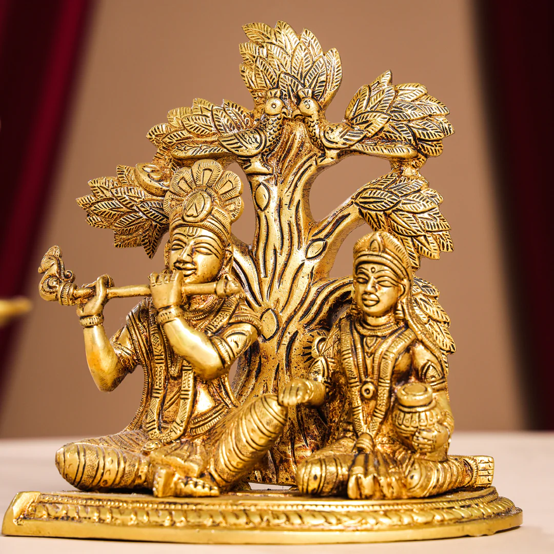 Brass Sitting Radha Krishna Idols Under Tree (7 Inch) - Image 8