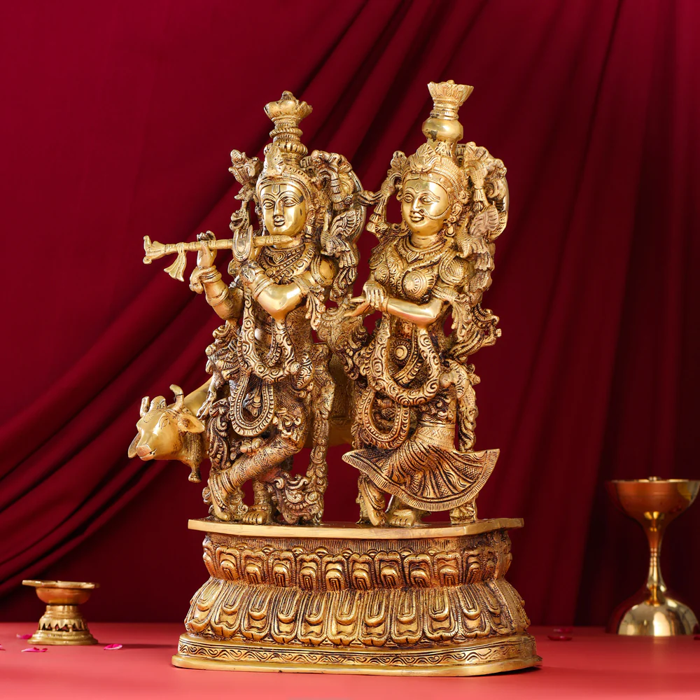 Brass Standing Radha Krishna With Cow Statue (21 Inch) - Image 2