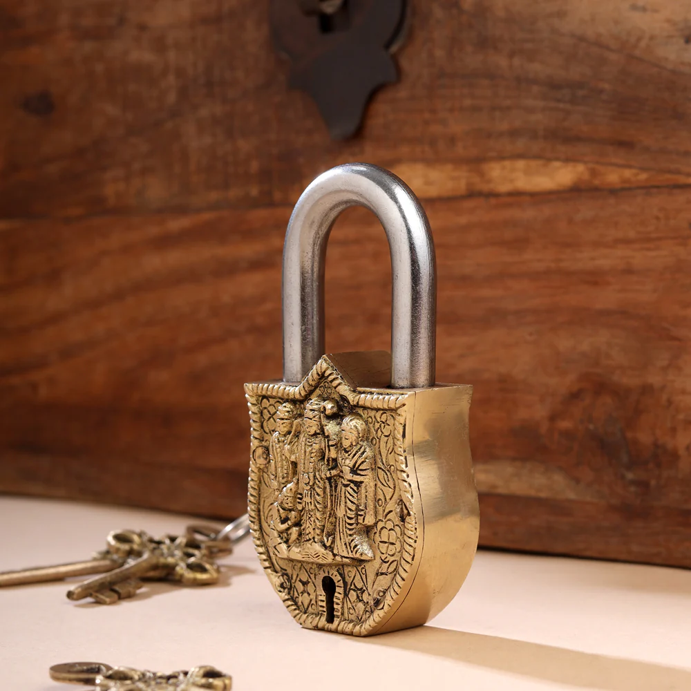 Brass Ram Darbar Door Lock With Three Brass Keys (4.5 Inch) - Image 3