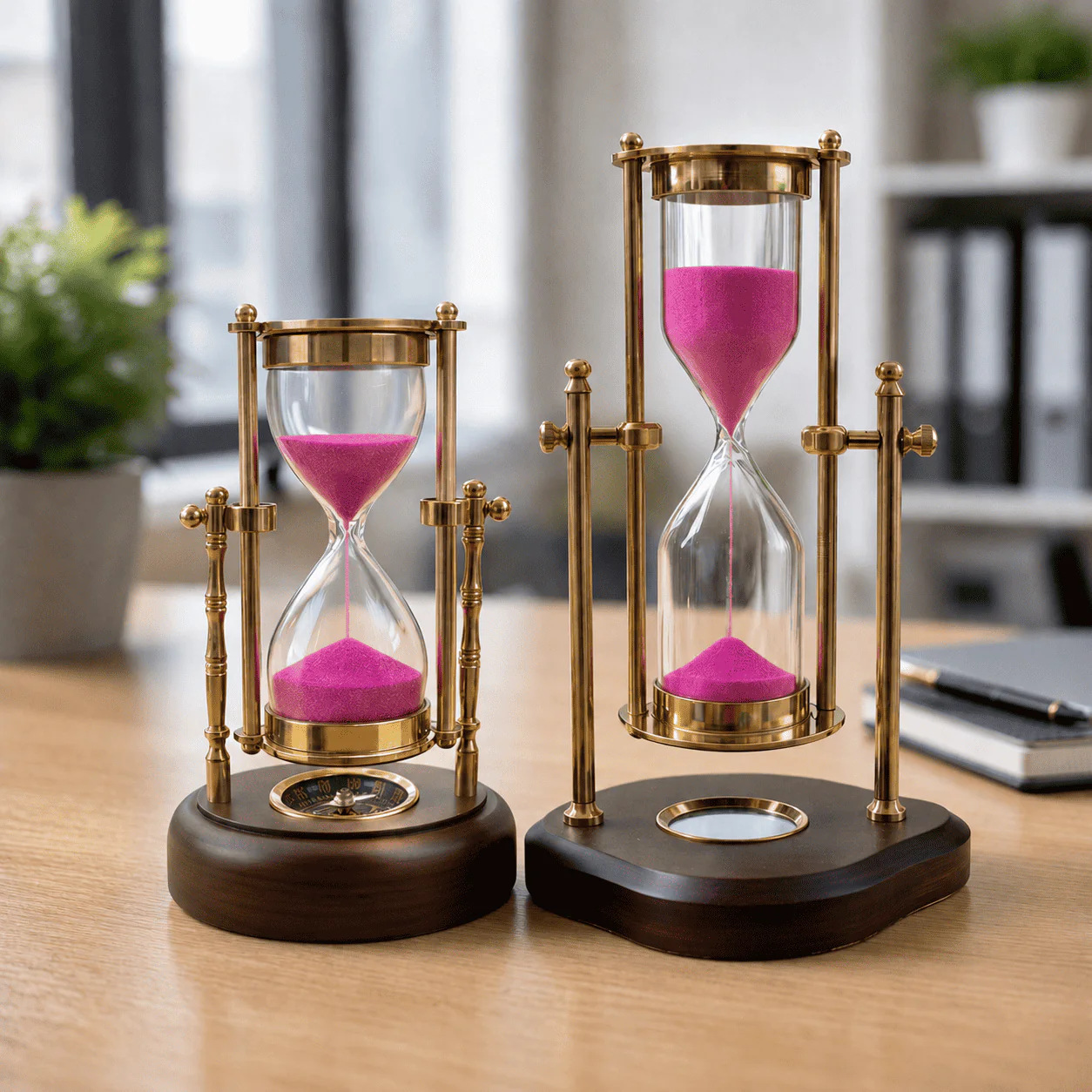 Brass Rotating Sand Clock With Compass And Wooden Stand