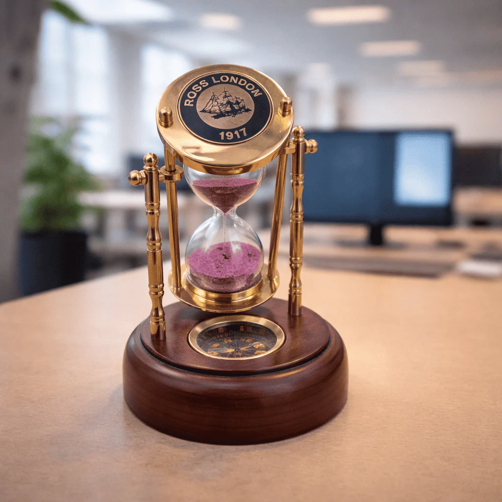 Brass Rotating Sand Clock With Compass And Wooden Stand - Image 6