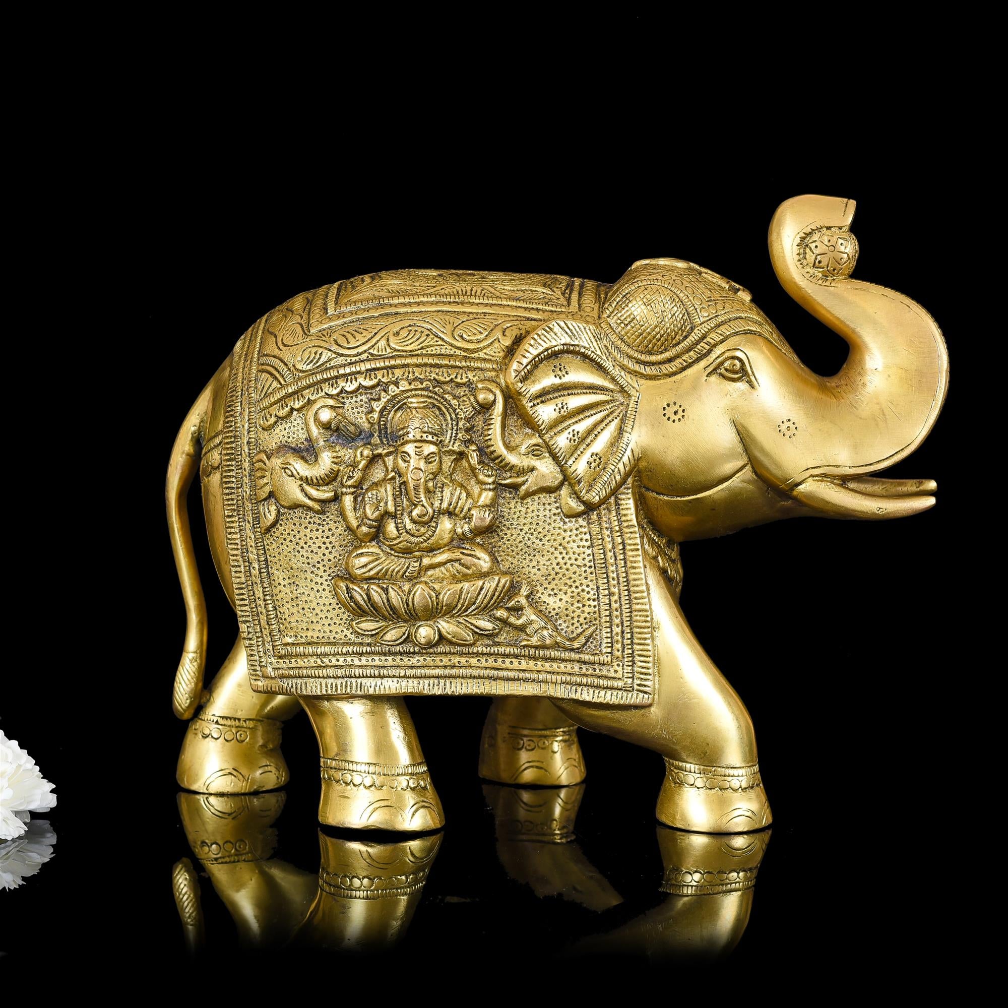 Brass Royal Elephant With Ganesha And Lakshmi Carving (8.5 Inch) - Image 2