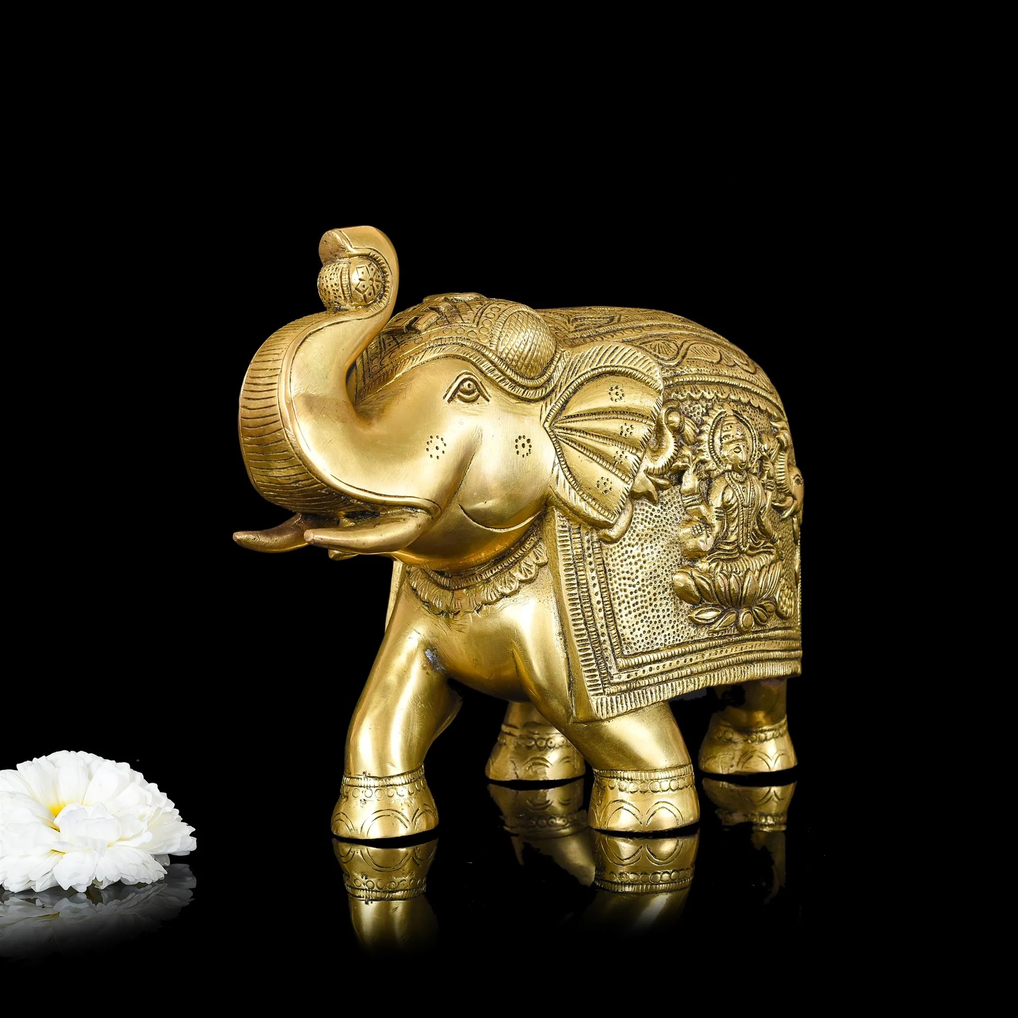 Brass Royal Elephant With Ganesha And Lakshmi Carving (8.5 Inch) - Image 3