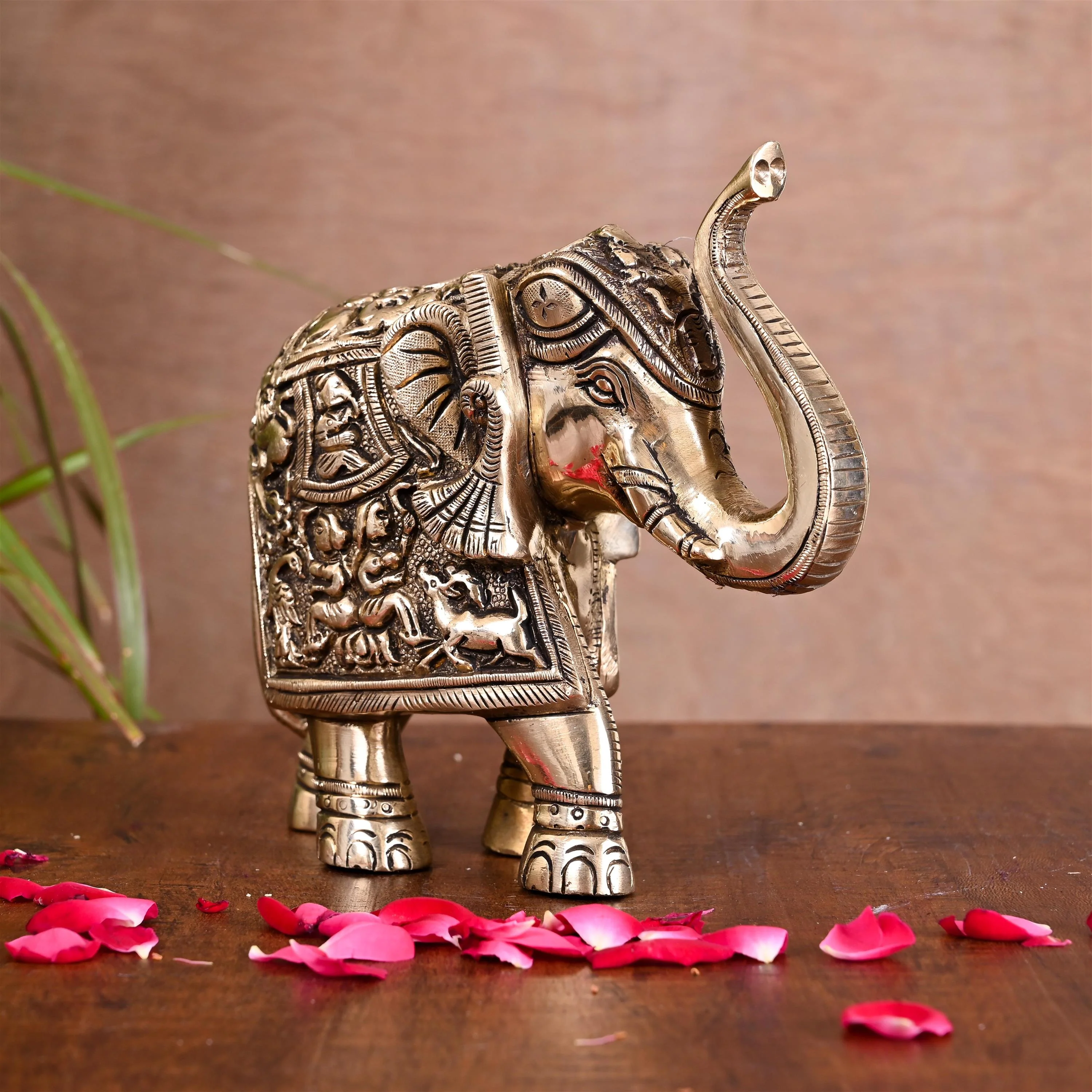Brass Royal Elephant With Ganesha And Wildlife Carving (6 Inch) - Image 2