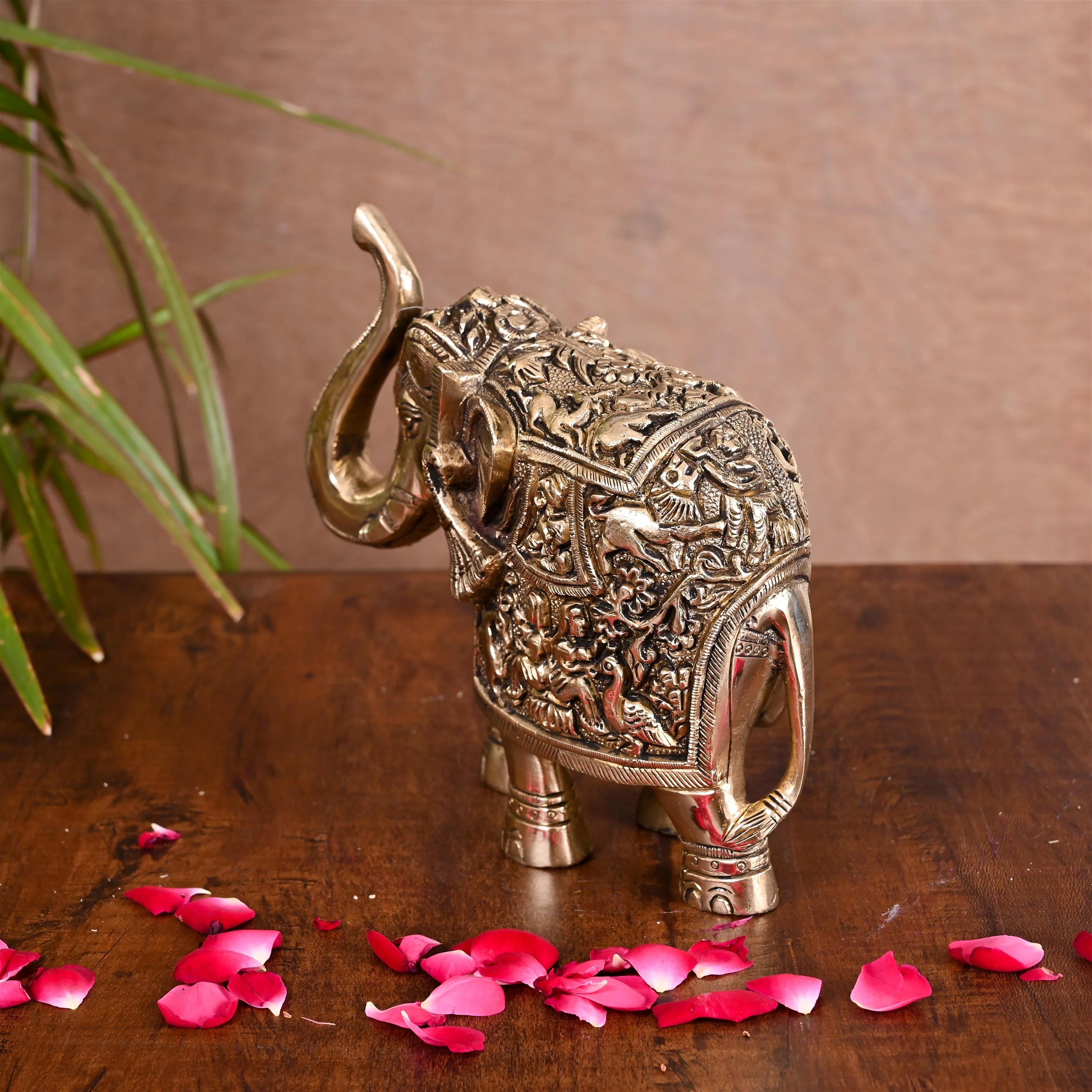Brass Royal Elephant With Ganesha And Wildlife Carving (6 Inch) - Image 3