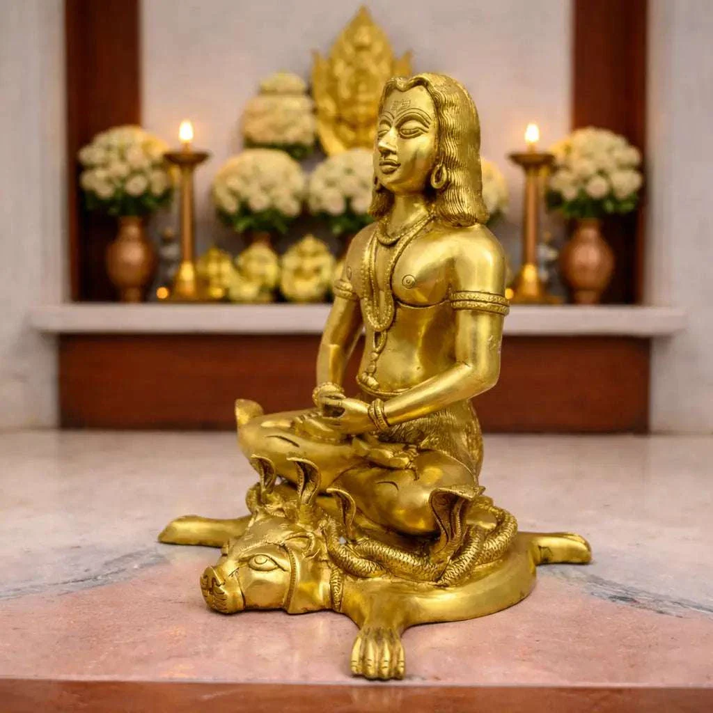 Brass Saint Gorakhnath Statue Sitting On Naag And Lion (14 Inch) - Image 2