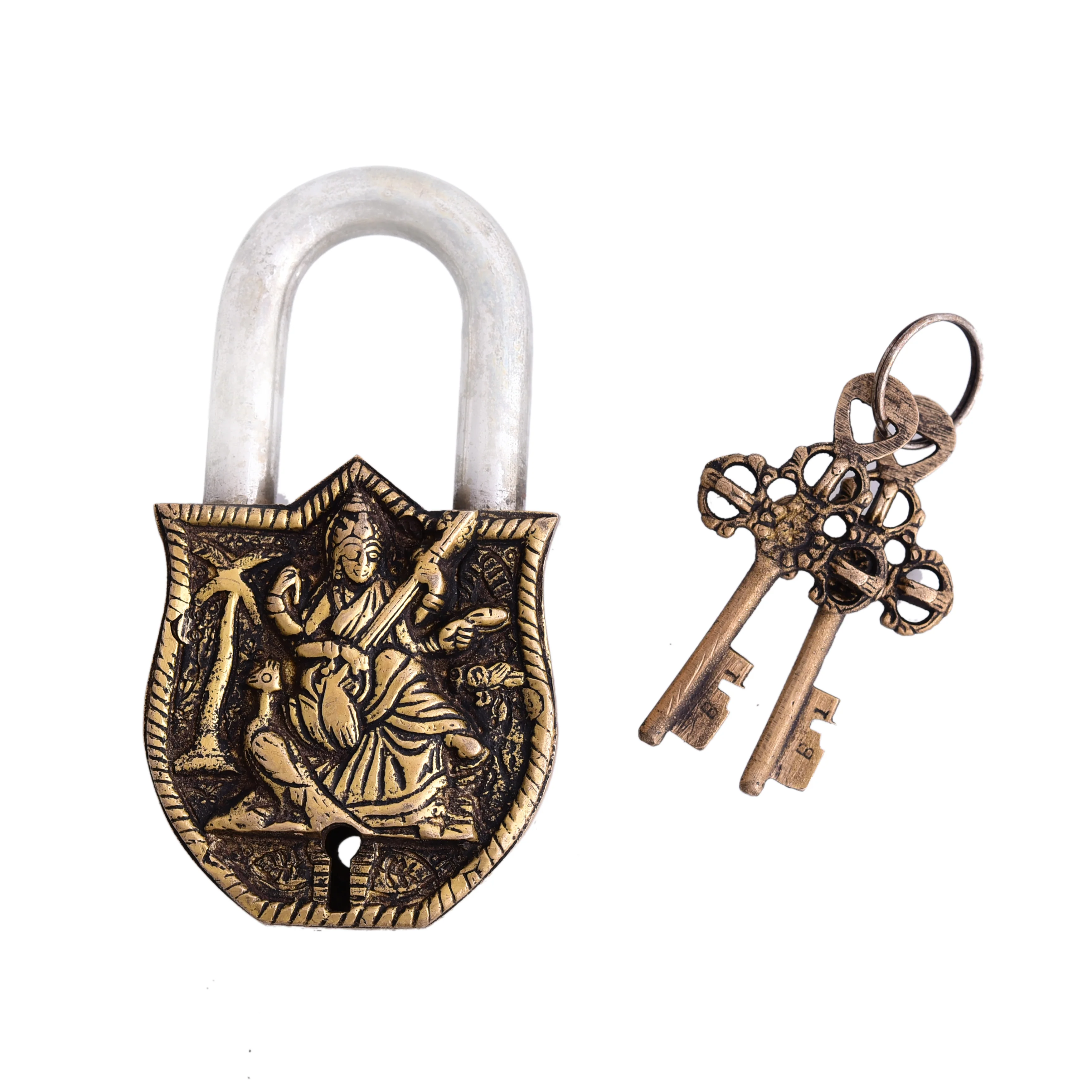 Brass Saraswati Door Lock With Two Keys (4.5 Inch) - Image 3
