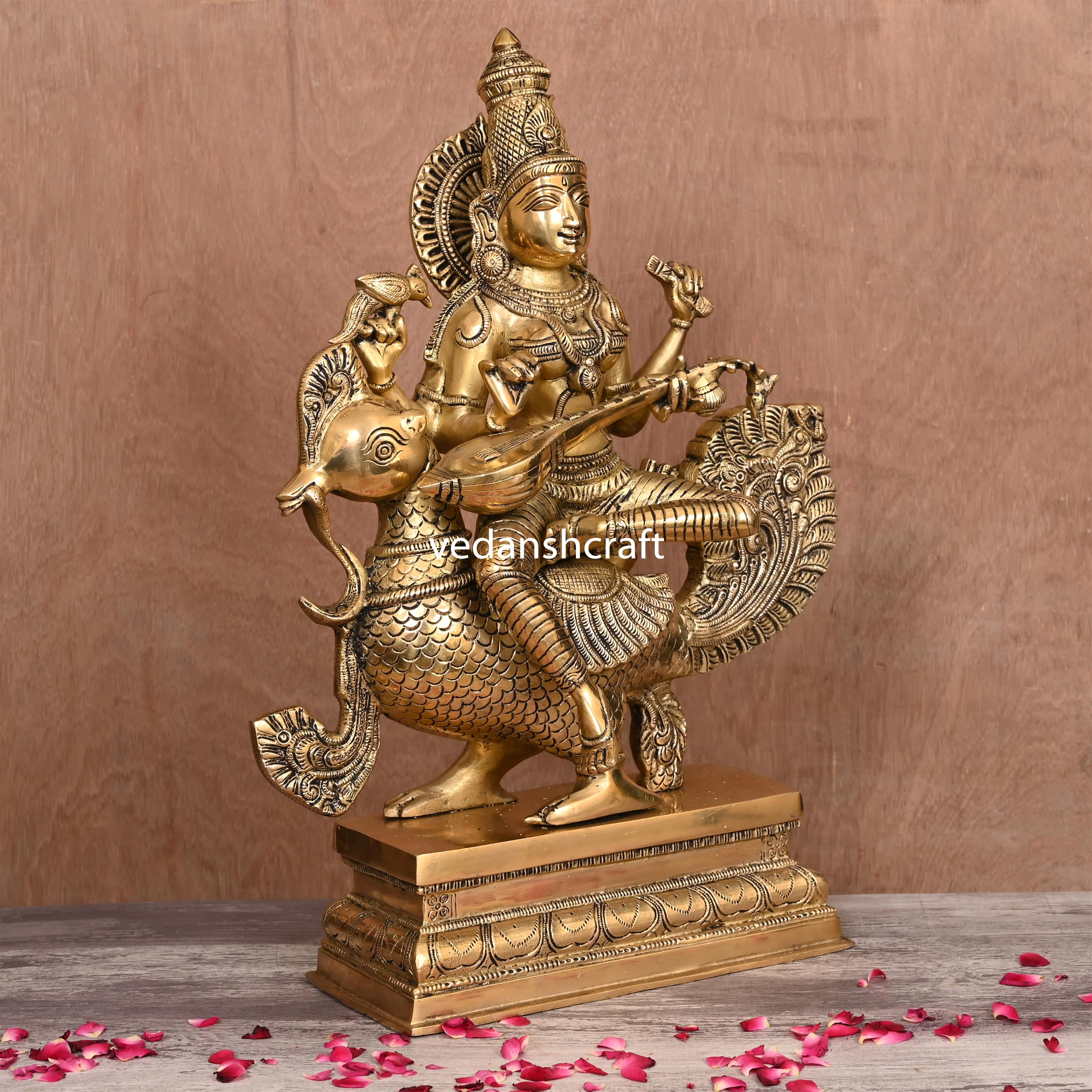 Brass Saraswati Sitting On Swan Figurine (20 Inch) - Image 2