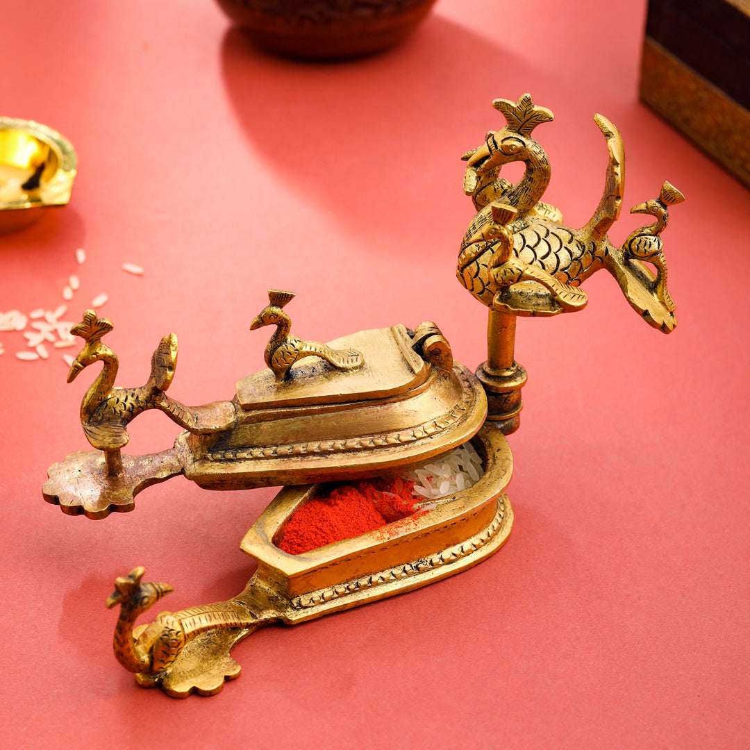 Brass Seven Peacock Kumkum Box (4.5 Inch) - Image 2